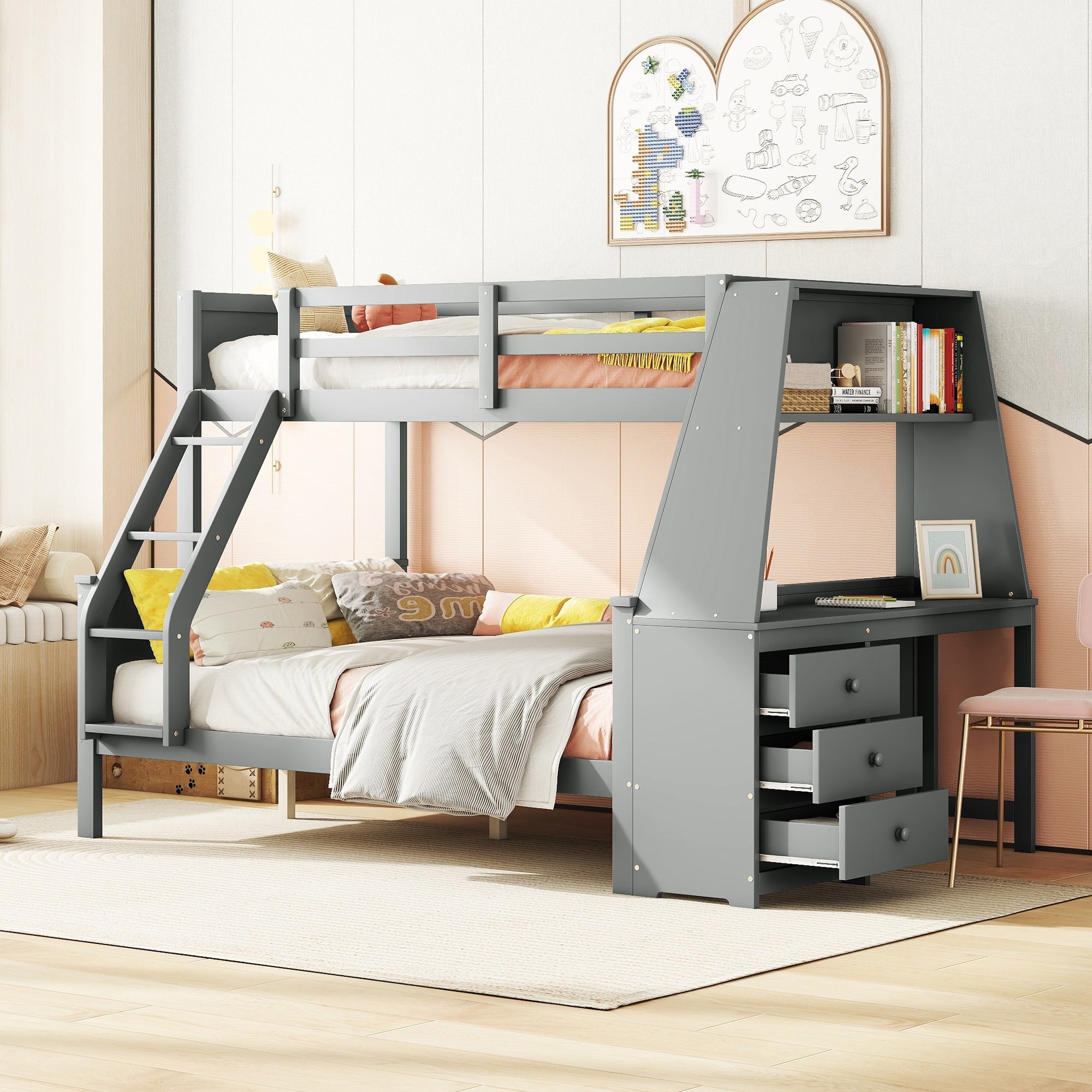 Logidon Bunk Bed With Table Large Storage Space Gray 90x200 cm