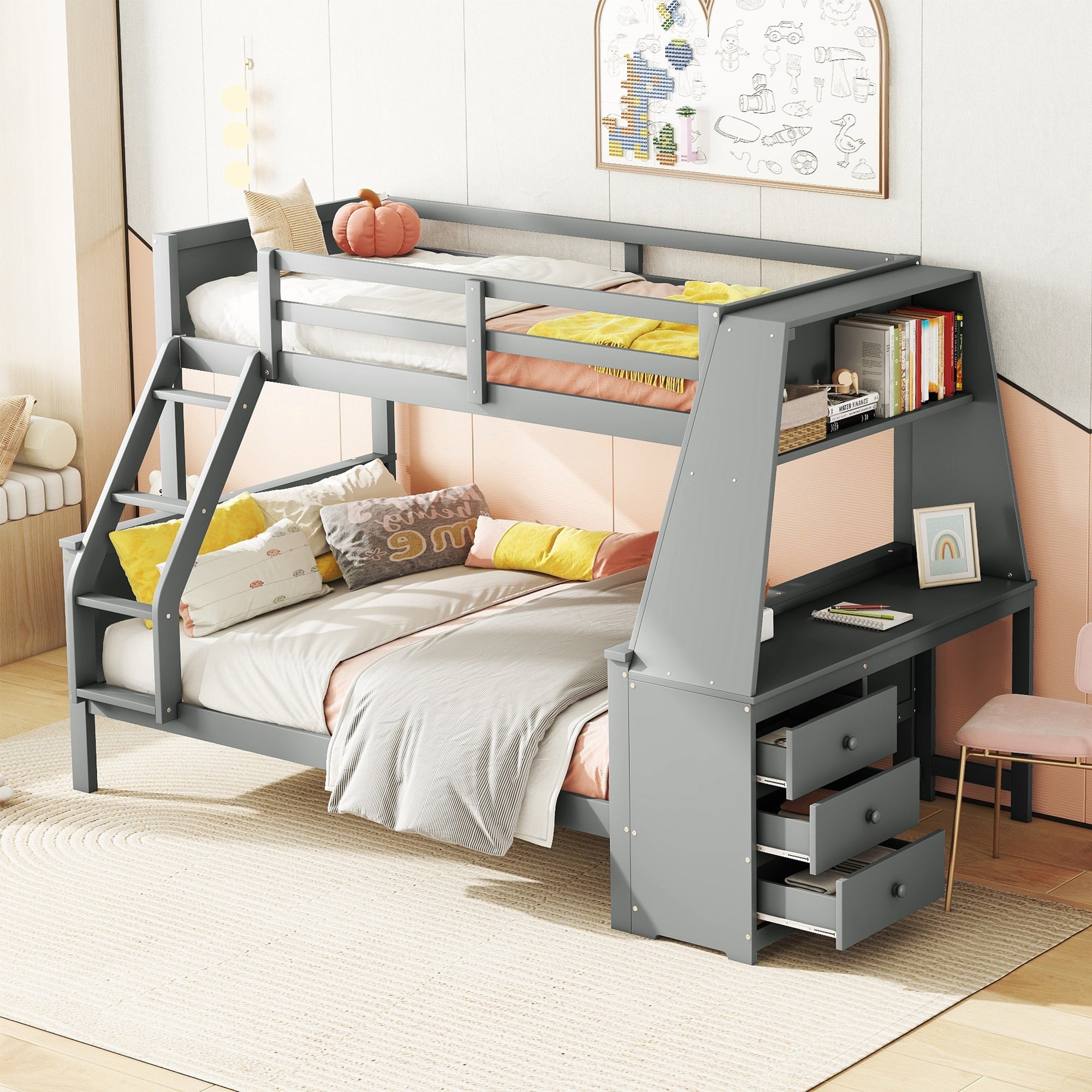 Logidon Bunk Bed With Table Large Storage Space Gray 90x200 cm