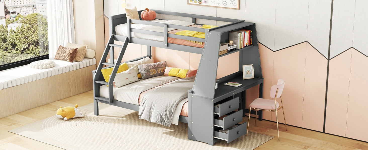 Logidon Bunk Bed With Table Large Storage Space Gray 90x200 cm