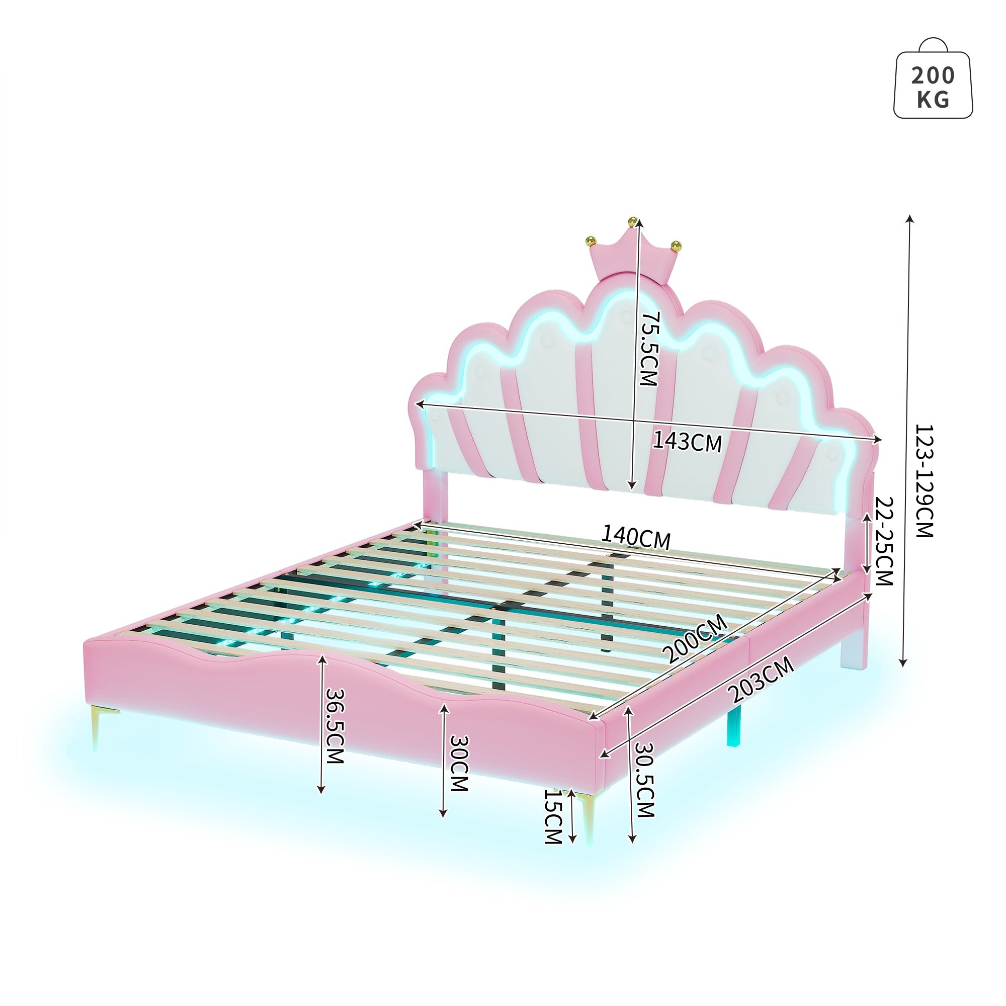 Logidon Princess bed 140x200 roze kroon hoofdeinde LED-verlichting