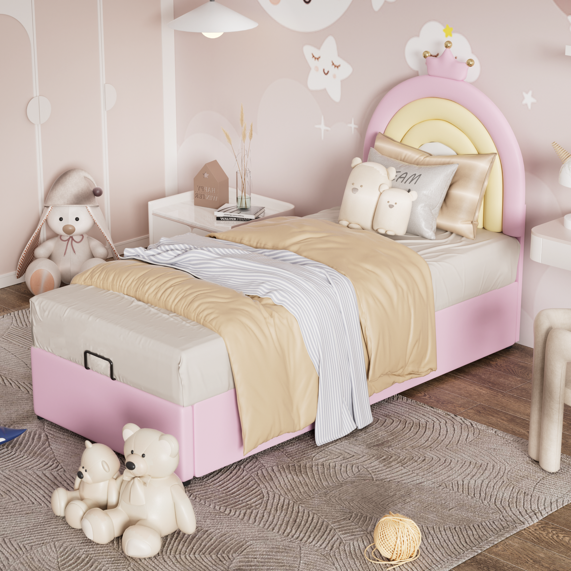 Logidon gestoffeerd bed 90x200 roze hydraulisch bed in hoogte verstelbaar