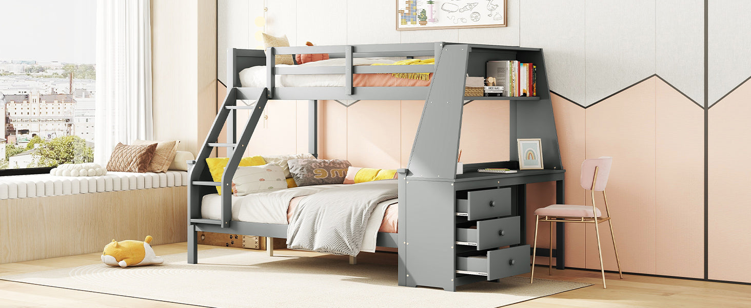 Logidon Bunk Bed With Table Large Storage Space Gray 90x200 cm