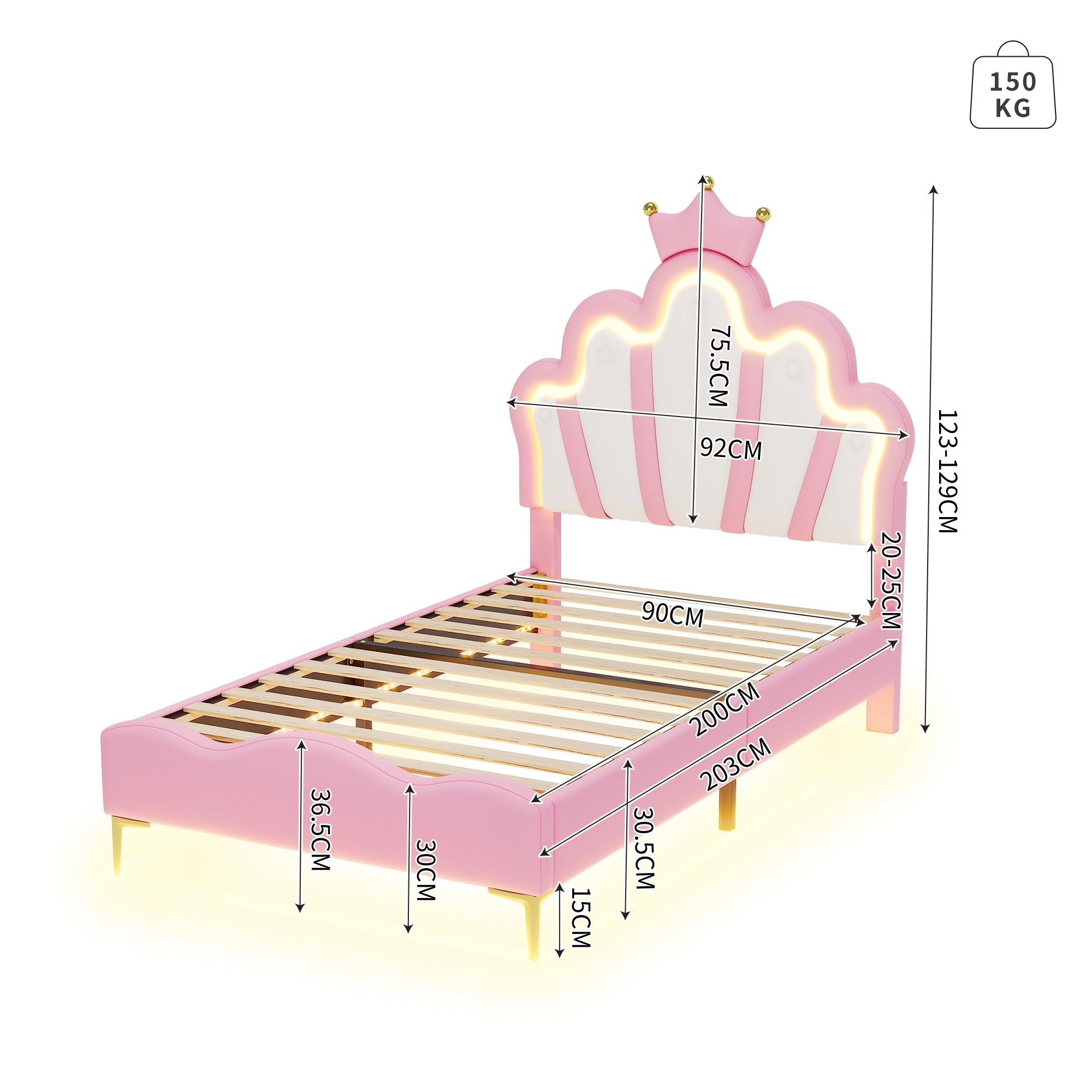 Logidon Crown Prince Bed 90x200 cm Roze met LED-lichtstrips
