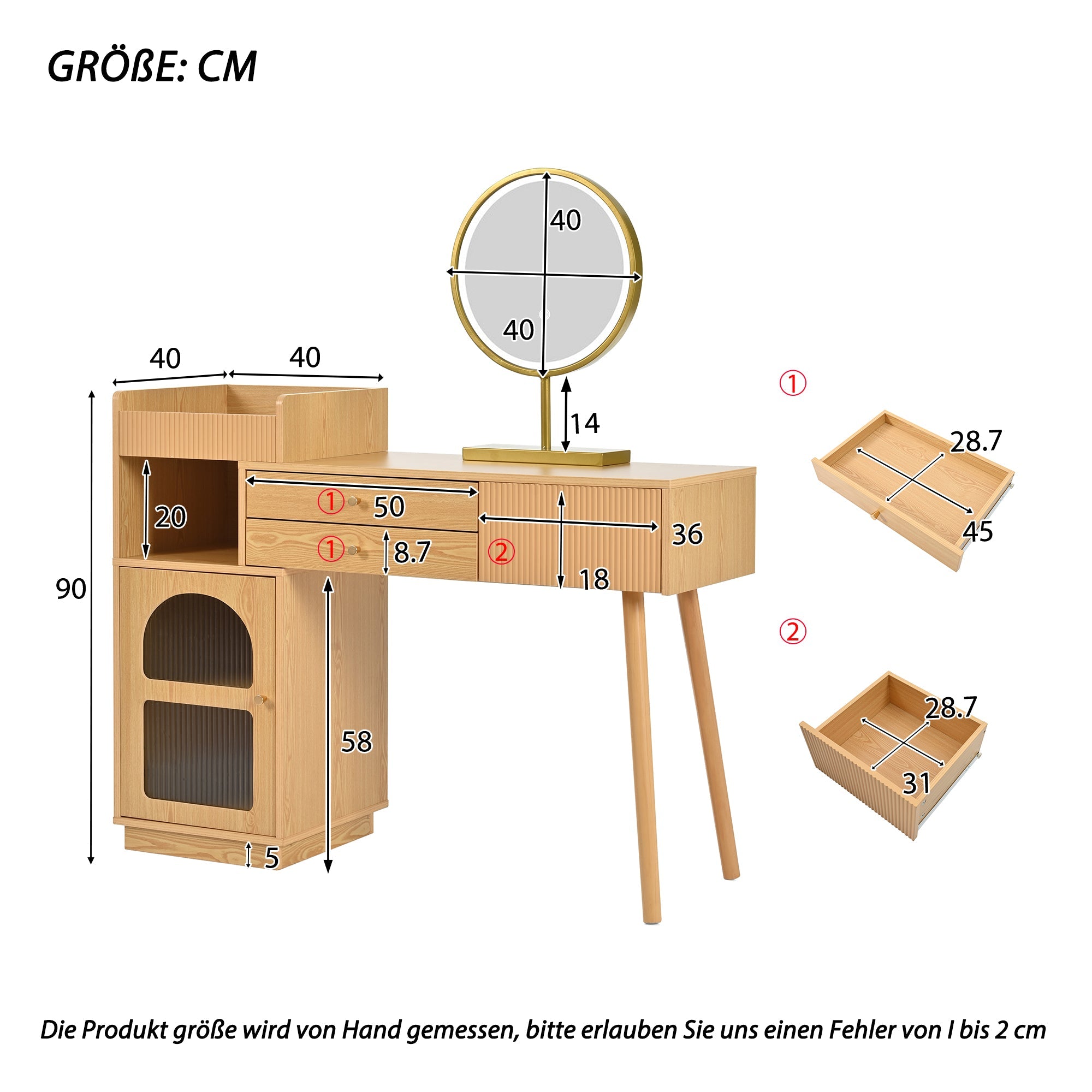 Logidon kaptafelset met LED spiegel en 3-kleuren verlichting 120x40x90 cm