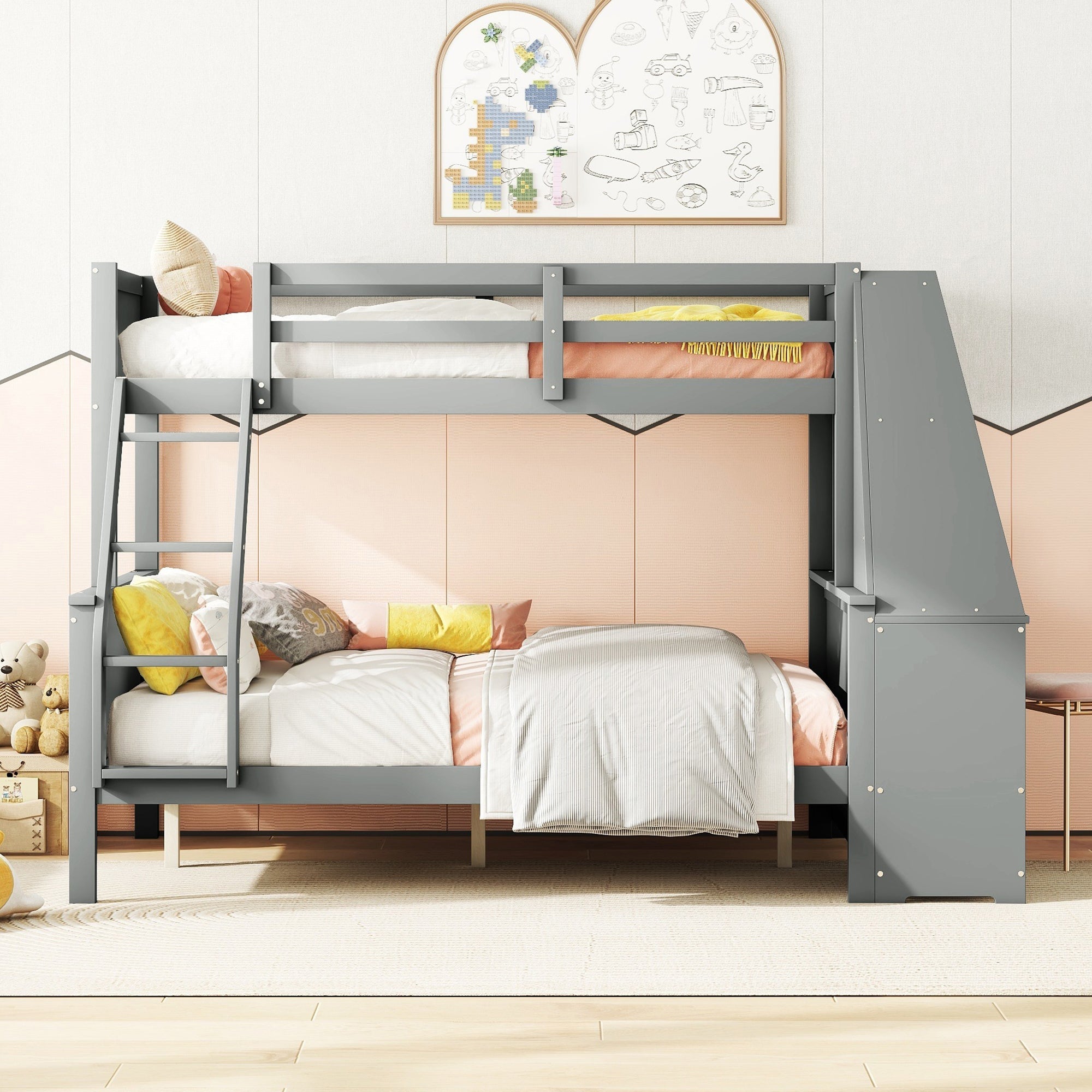 Logidon Bunk Bed With Table Large Storage Space Gray 90x200 cm