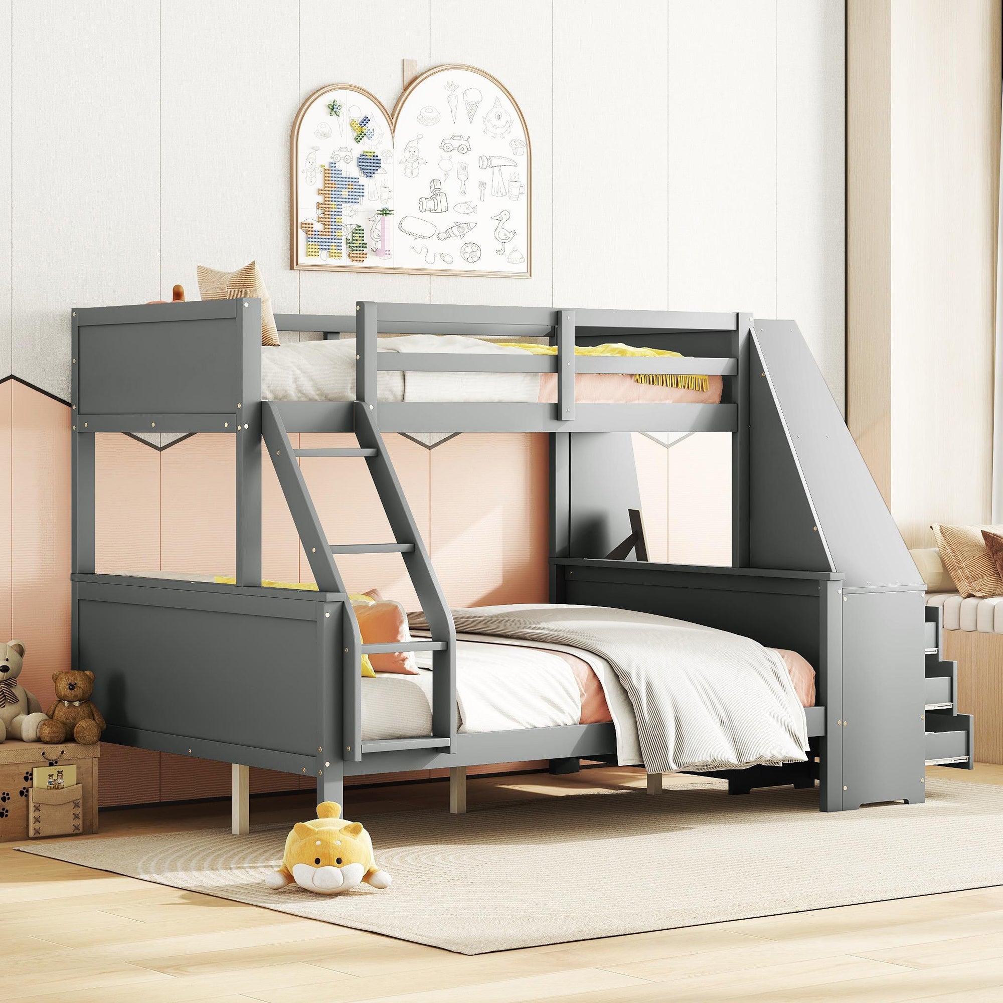 Logidon Bunk Bed With Table Large Storage Space Gray 90x200 cm