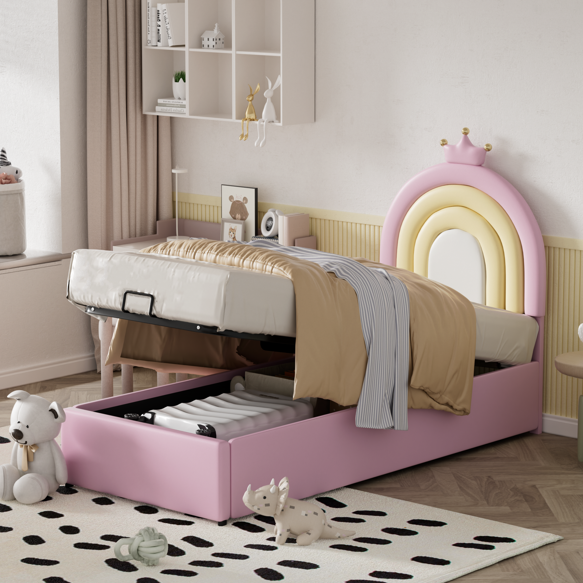 Logidon gestoffeerd bed 90x200 roze hydraulisch bed in hoogte verstelbaar