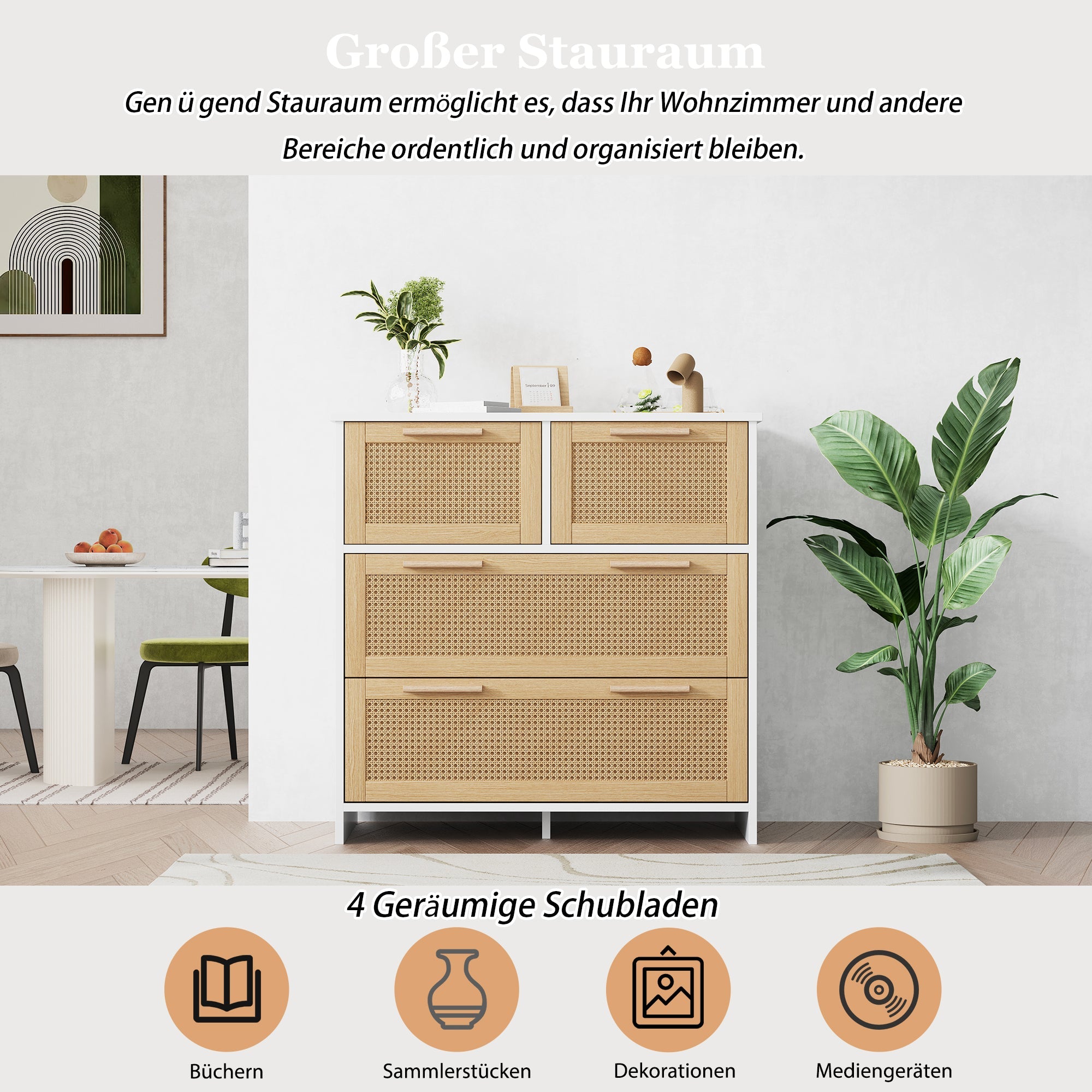Logidon rotankast met 4 lades en massief houten handgrepen, natuurlijk wit