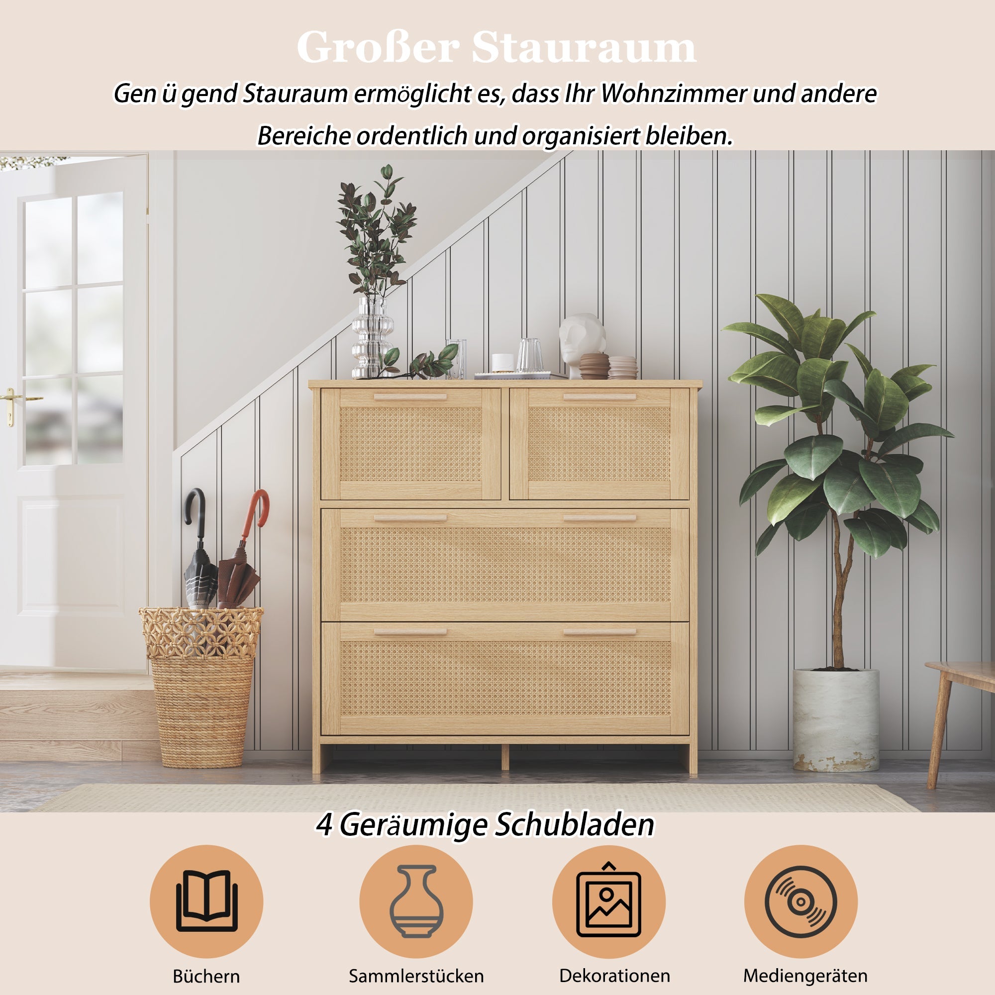 Logidon rotan kast met 4 laden en massief houten handgrepen B80xH80xD38