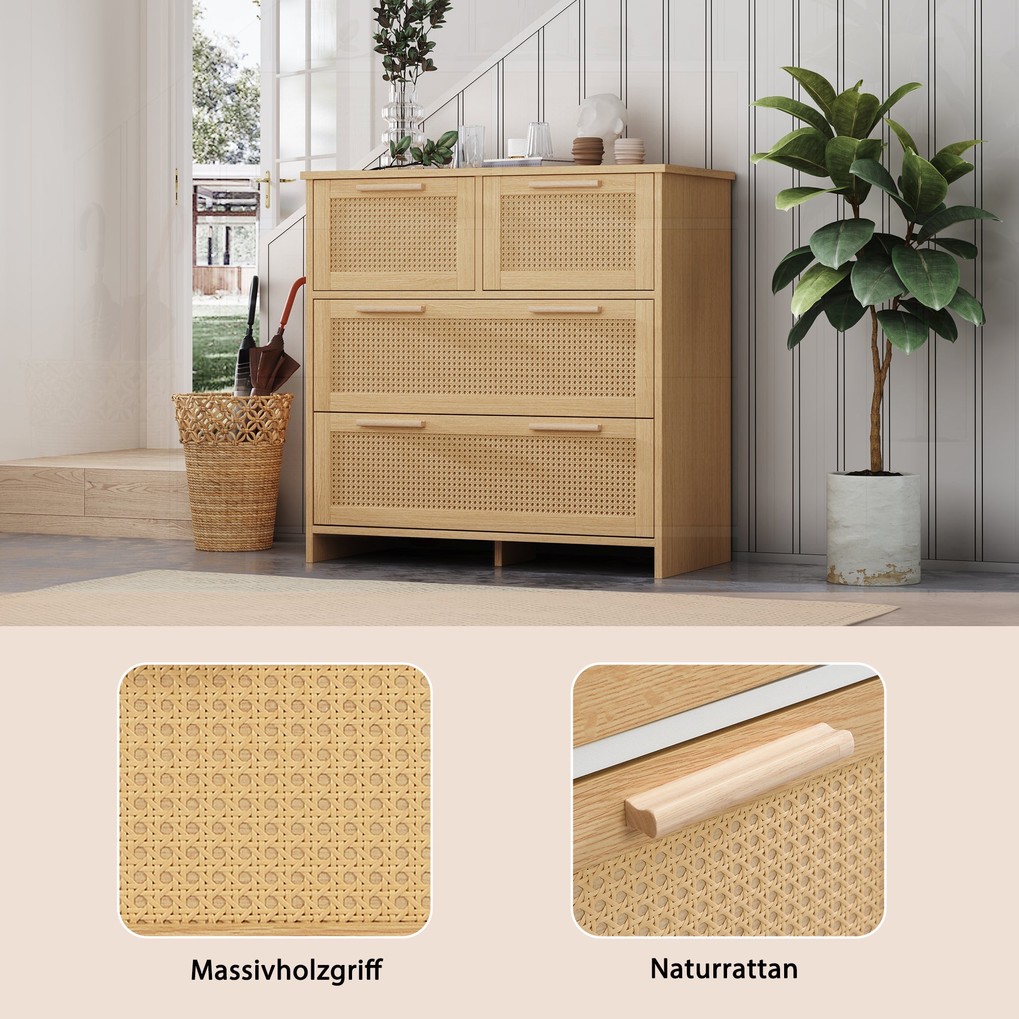 Logidon rotan kast met 4 laden en massief houten handgrepen B80xH80xD38