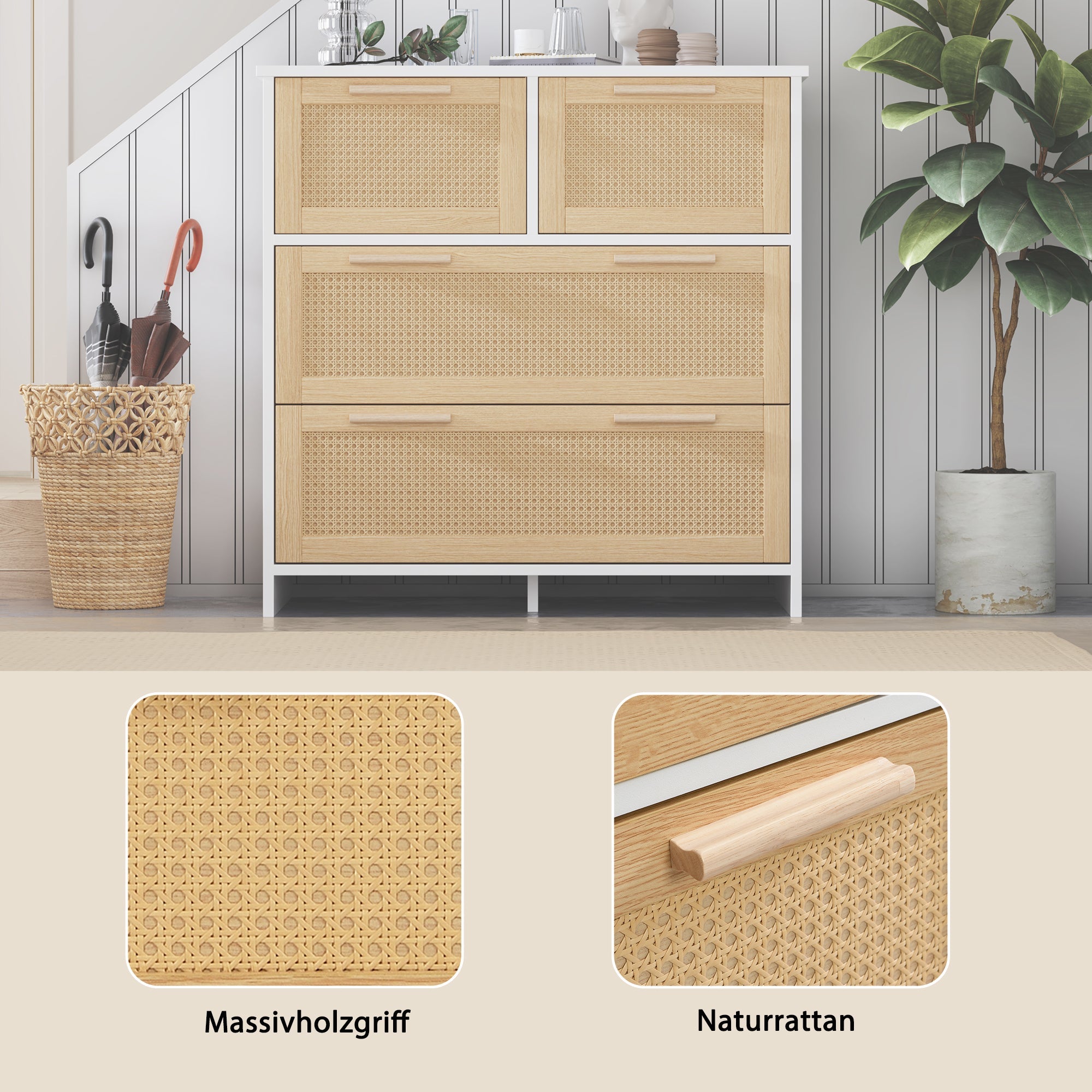 Logidon rotankast met 4 lades en massief houten handgrepen, natuurlijk wit