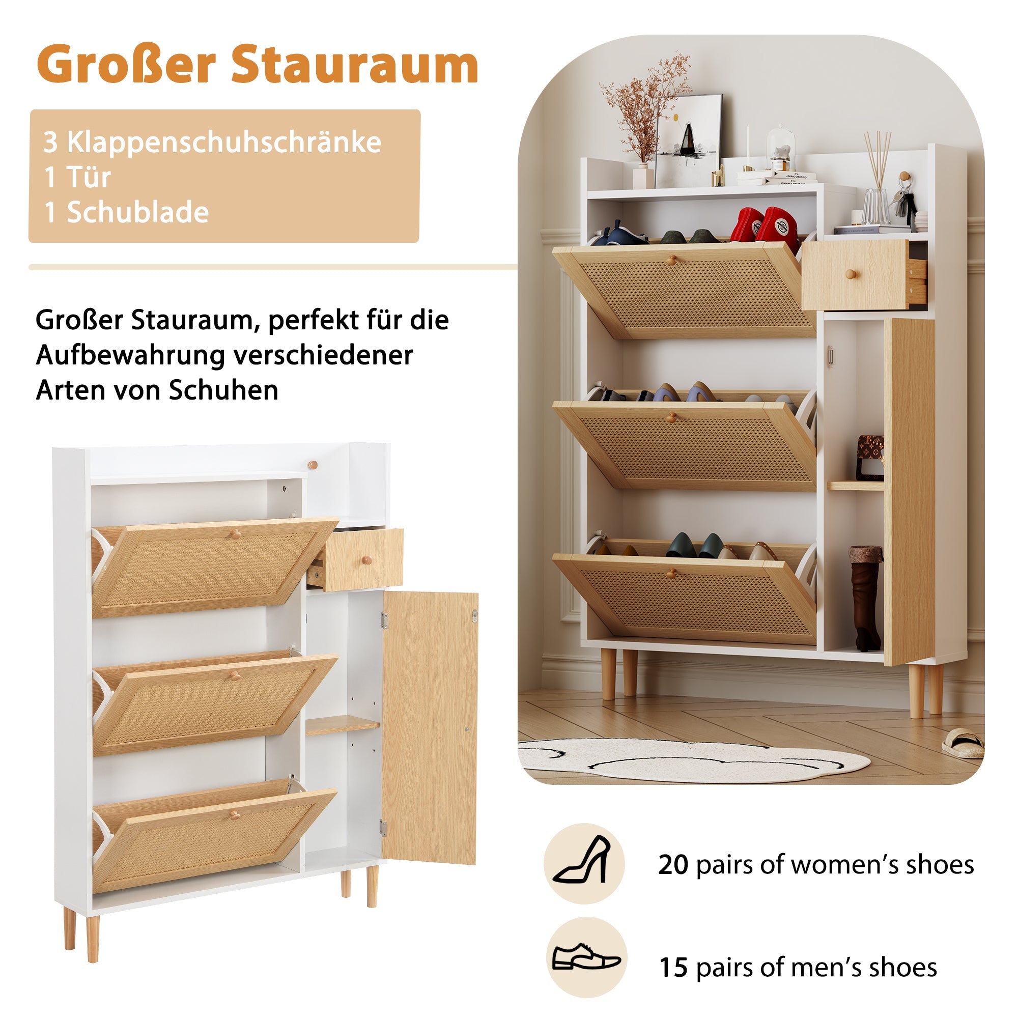 Logidon shoe cabinet rattan wood natural white W90 H125 D17 cm