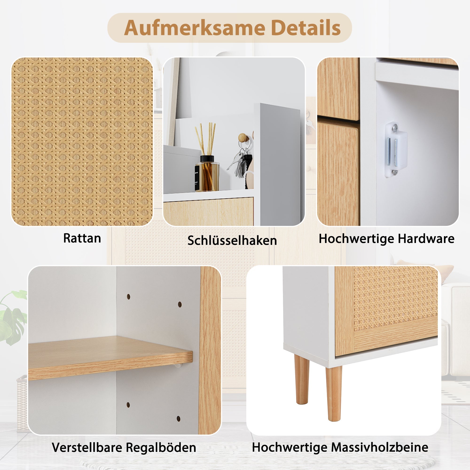 Logidon shoe cabinet rattan wood natural white W90 H125 D17 cm