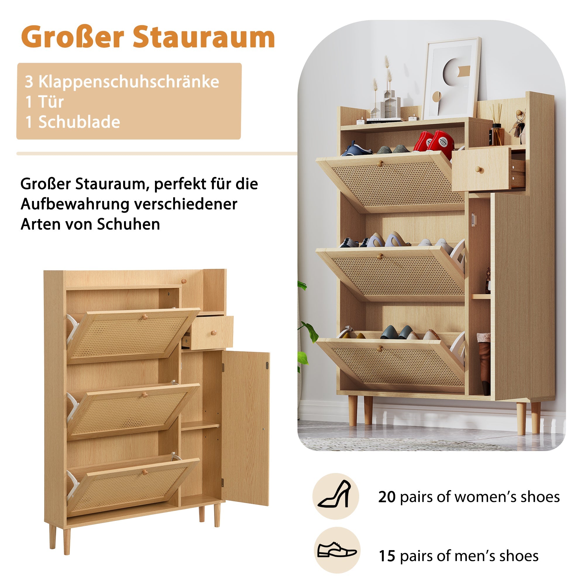 Logidon schoenenkast rotan compact voor smalle ingangen B90 H125 D17 cm