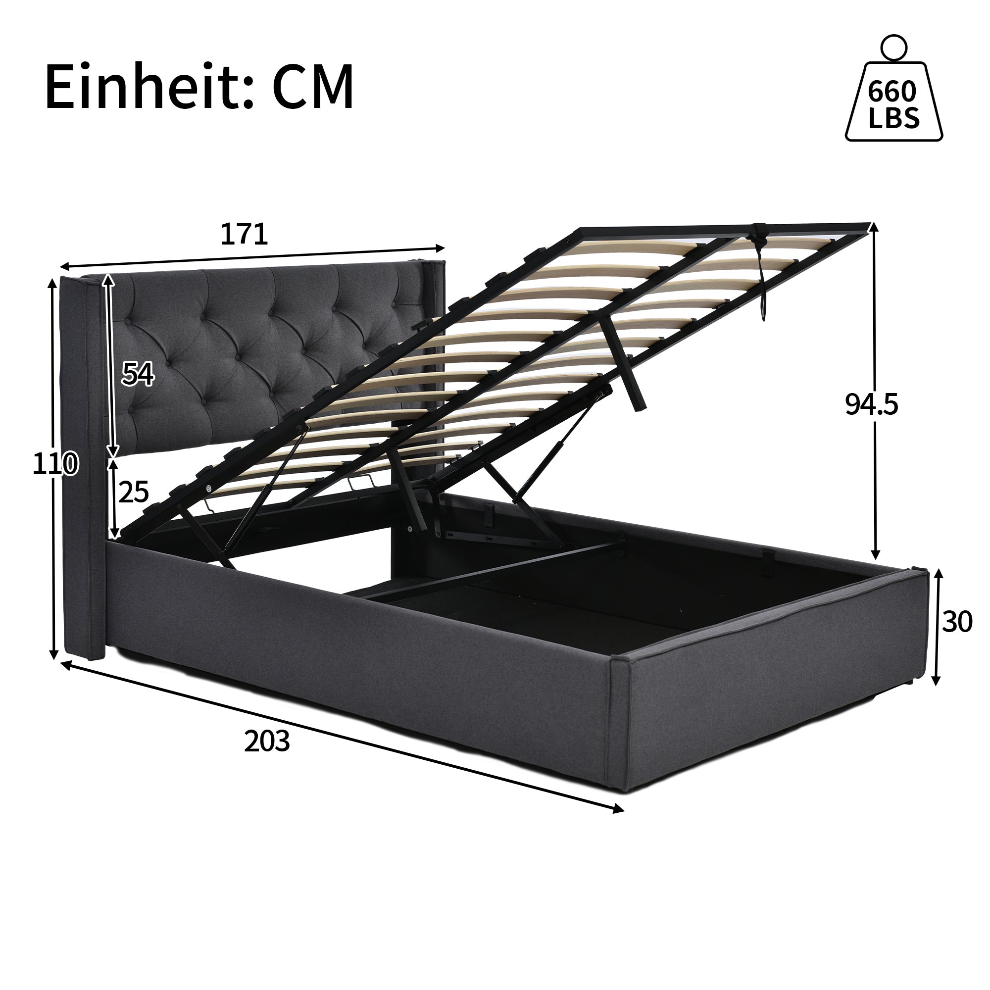 Logidon hydraulisch tweepersoonsbed 160x200 grijs bedframe met opbergruimte