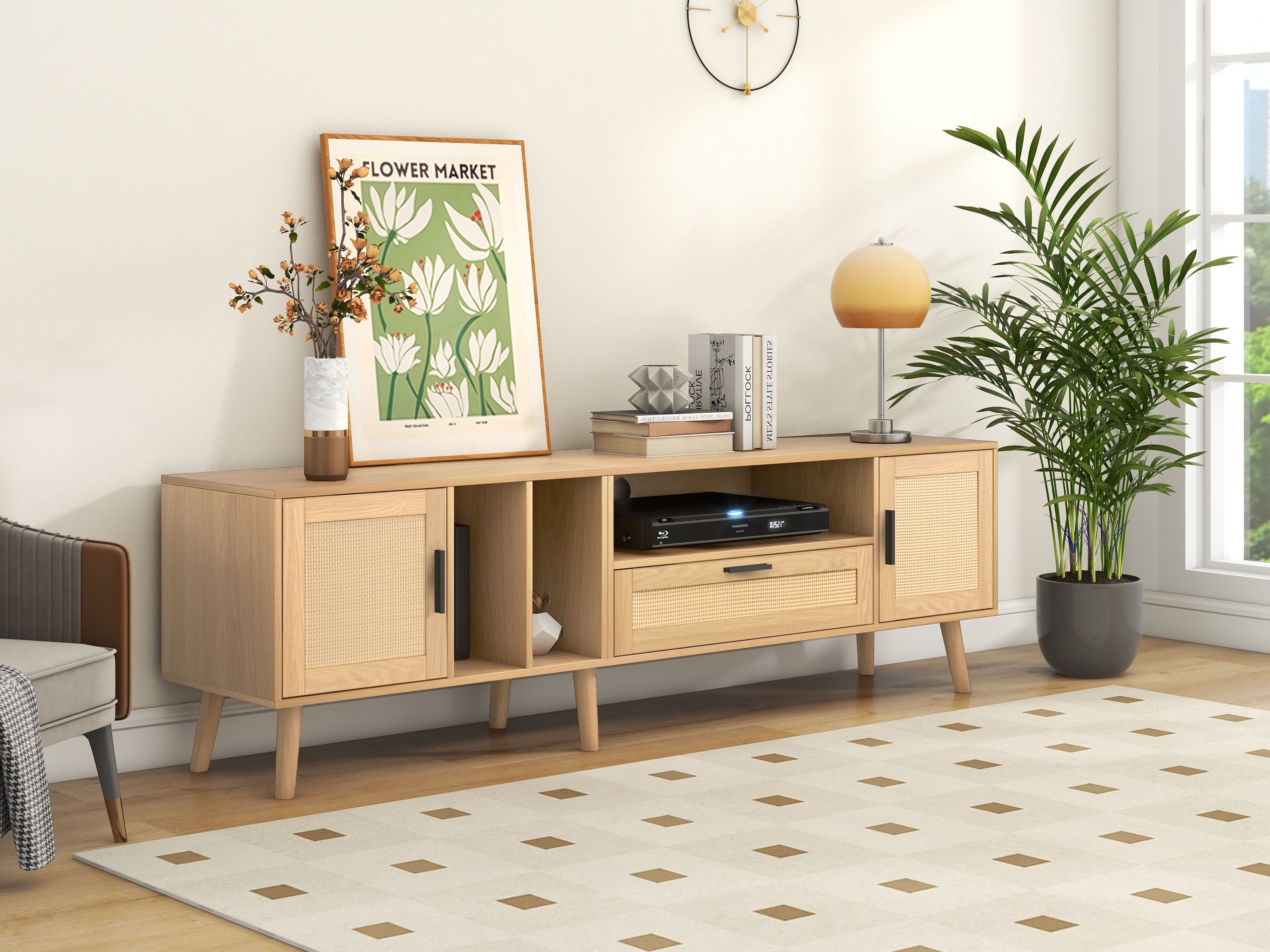 Logidon 180 cm TV-meubel Eiken met rotan decoratie, 2 deuren