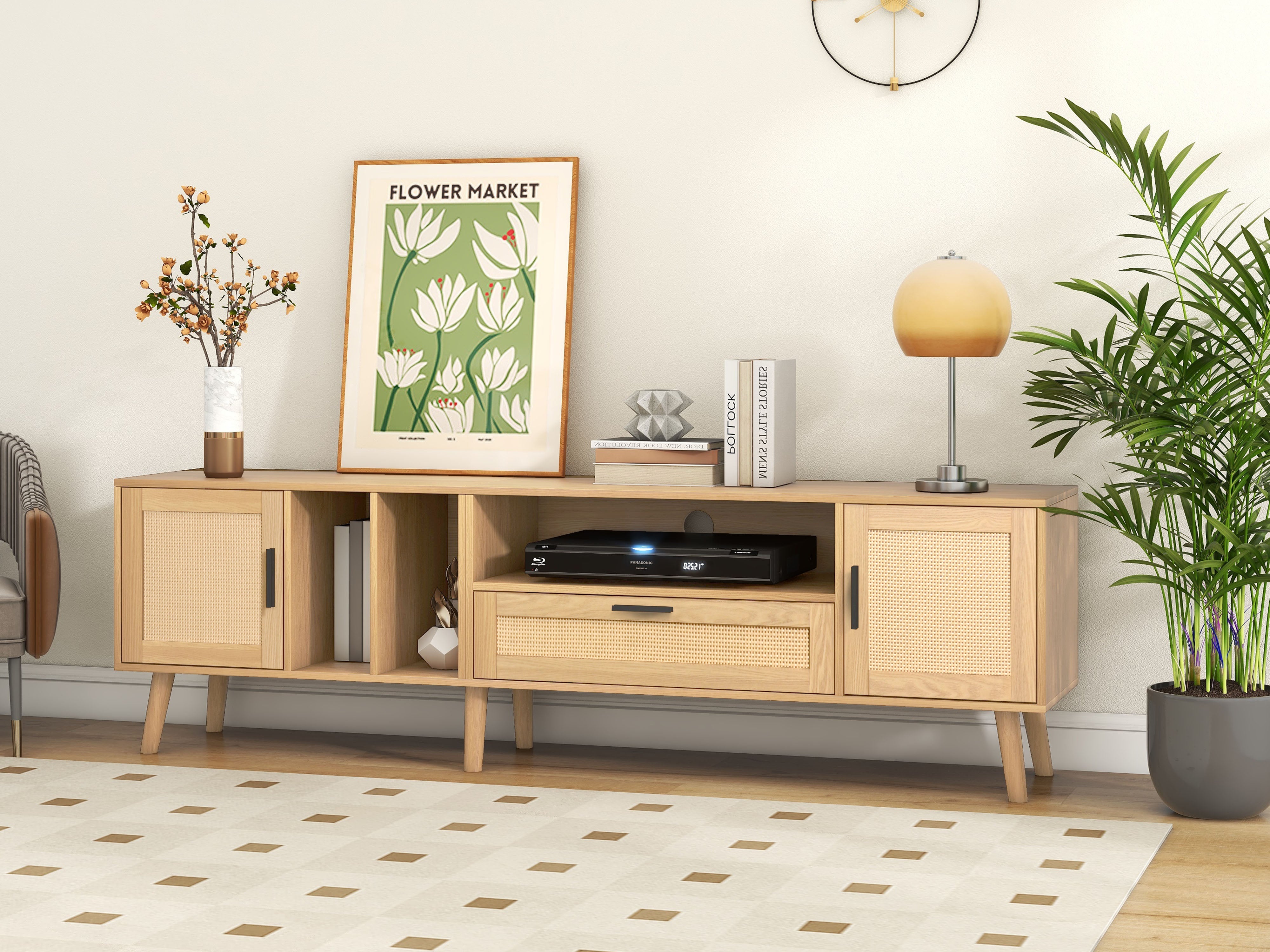 Logidon 180 cm TV-meubel Eiken met rotan decoratie, 2 deuren