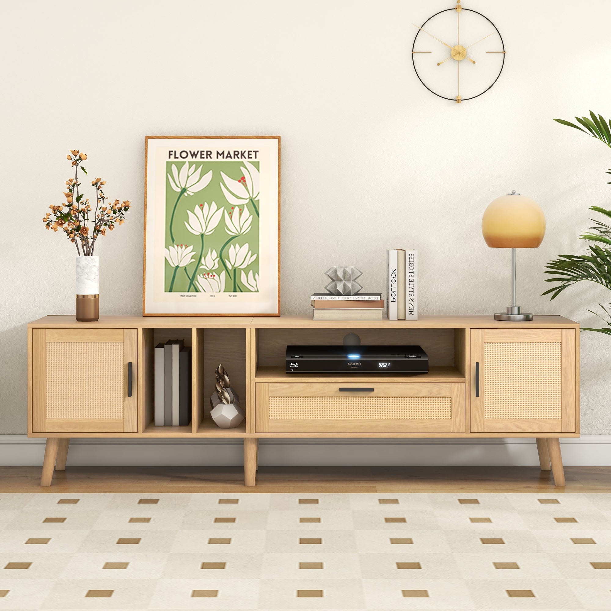 Logidon 180 cm TV-meubel Eiken met rotan decoratie, 2 deuren