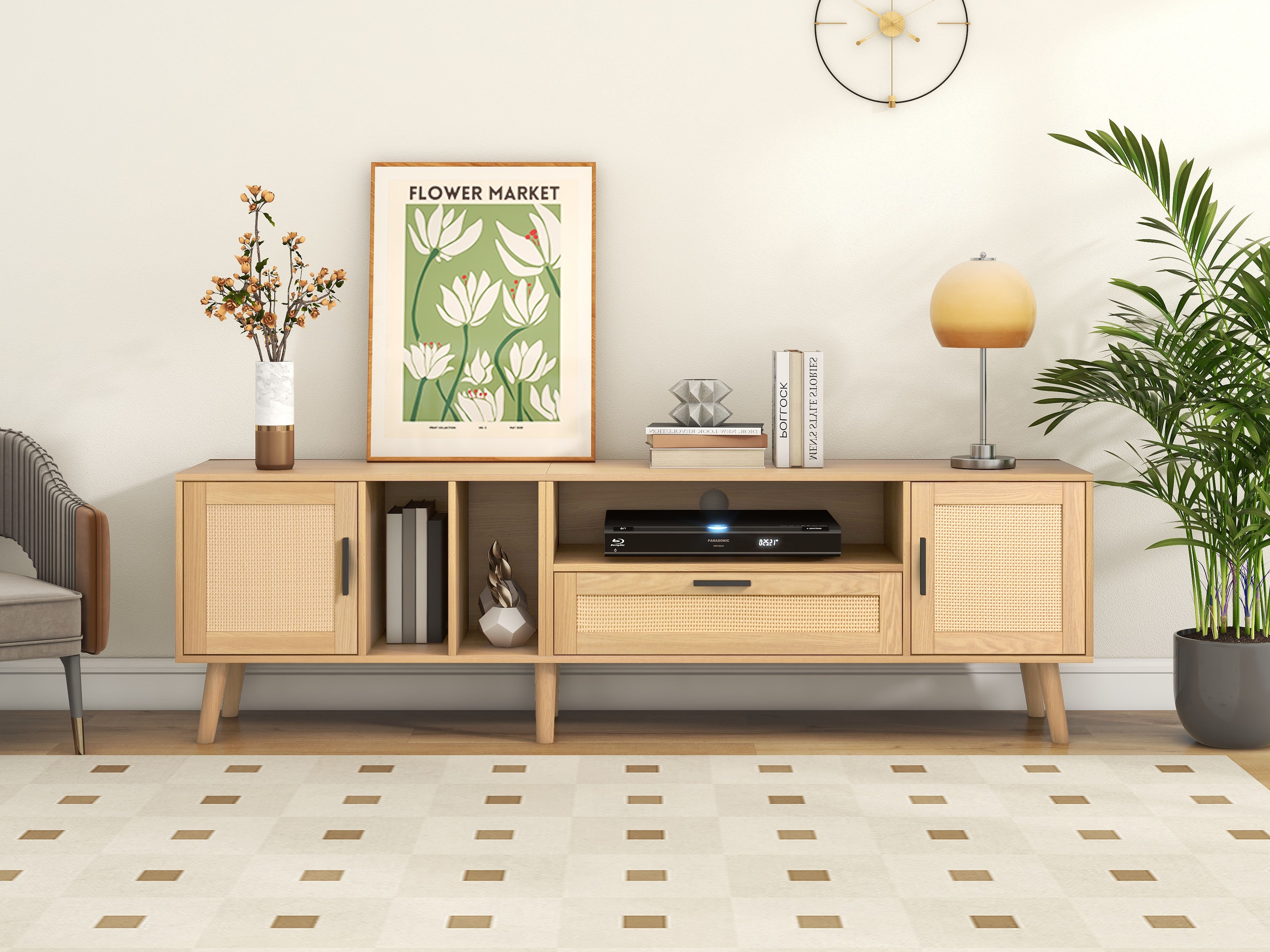 Logidon 180 cm TV-meubel Eiken met rotan decoratie, 2 deuren