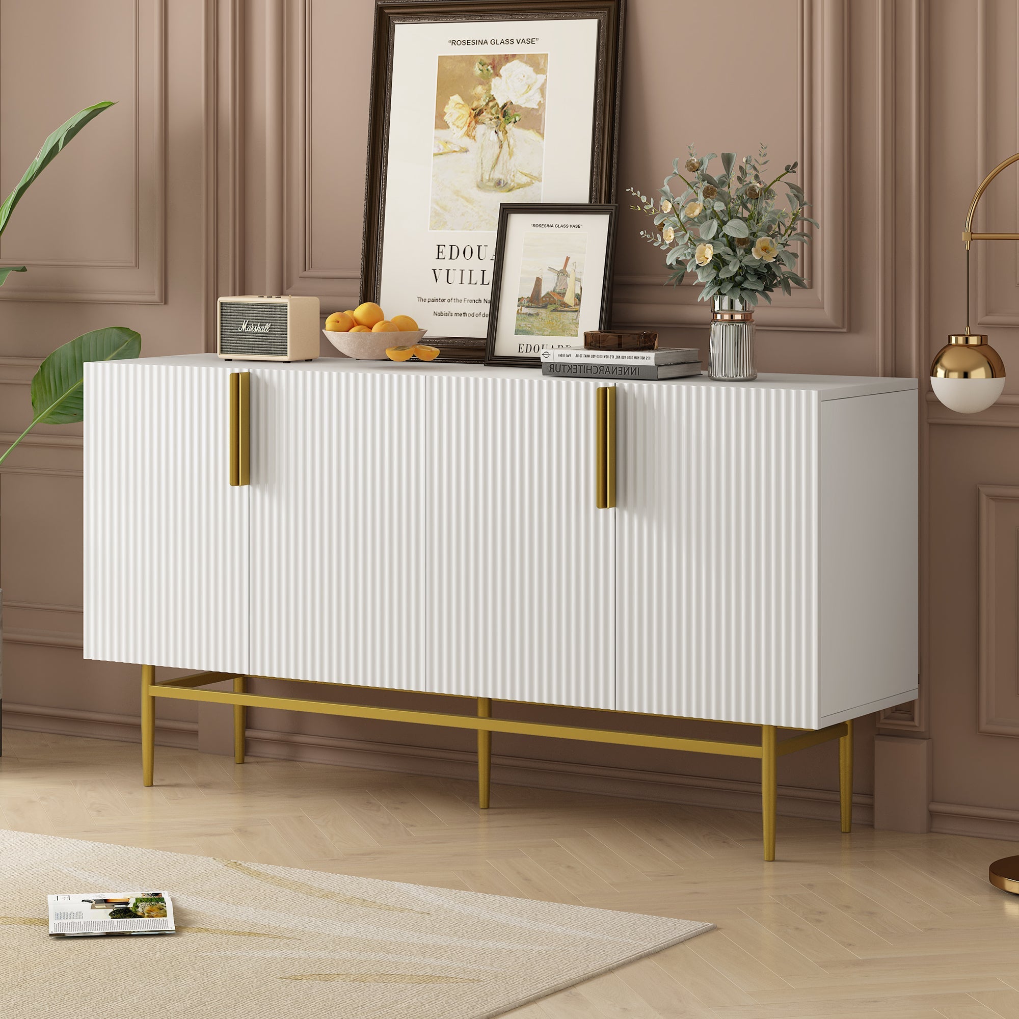 Logidon Dressoir Wit - Buffetkast met gouden handvat, 4 deuren