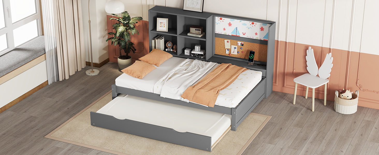 Logidon slaapbank 90x200 cm grijs met uitschuifbaar bed en USB-tekentafel