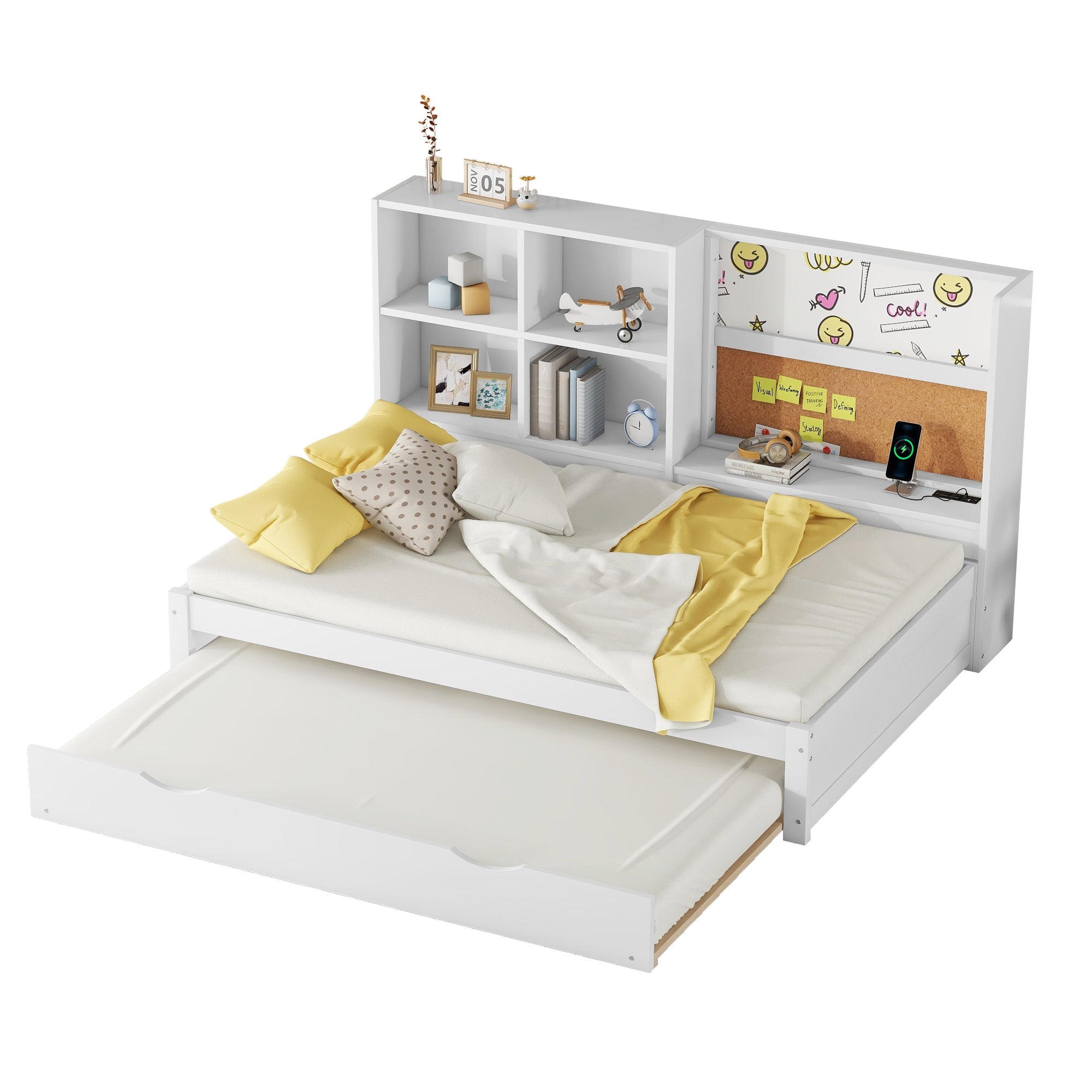 Logidon slaapbank 90x200 met uitschuifbaar bed USB-oplaadpoort wit