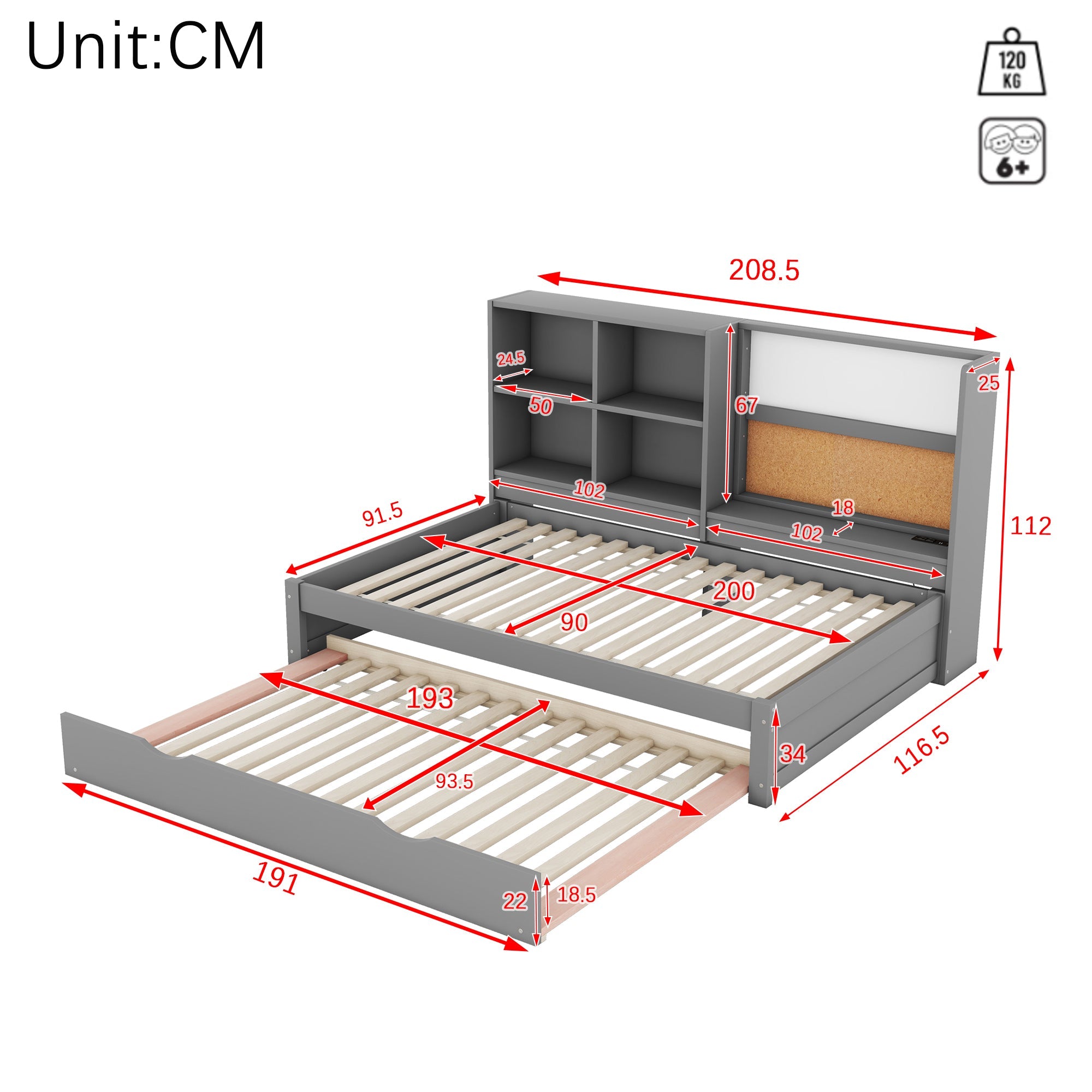 Logidon slaapbank 90x200 cm grijs met uitschuifbaar bed en USB-tekentafel