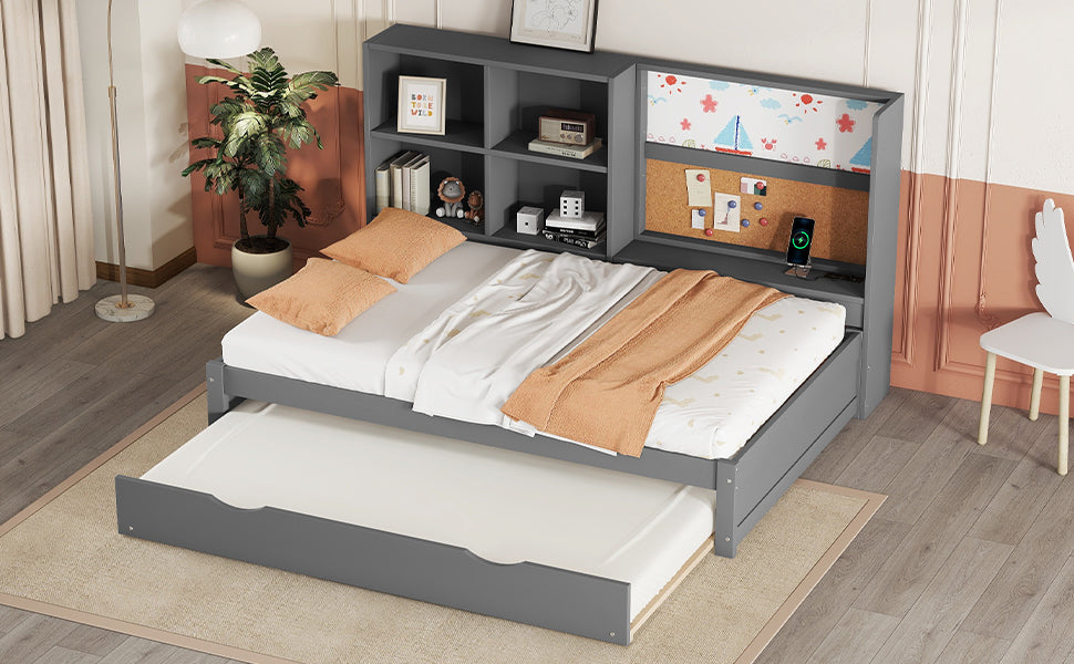 Logidon slaapbank 90x200 cm grijs met uitschuifbaar bed en USB-tekentafel