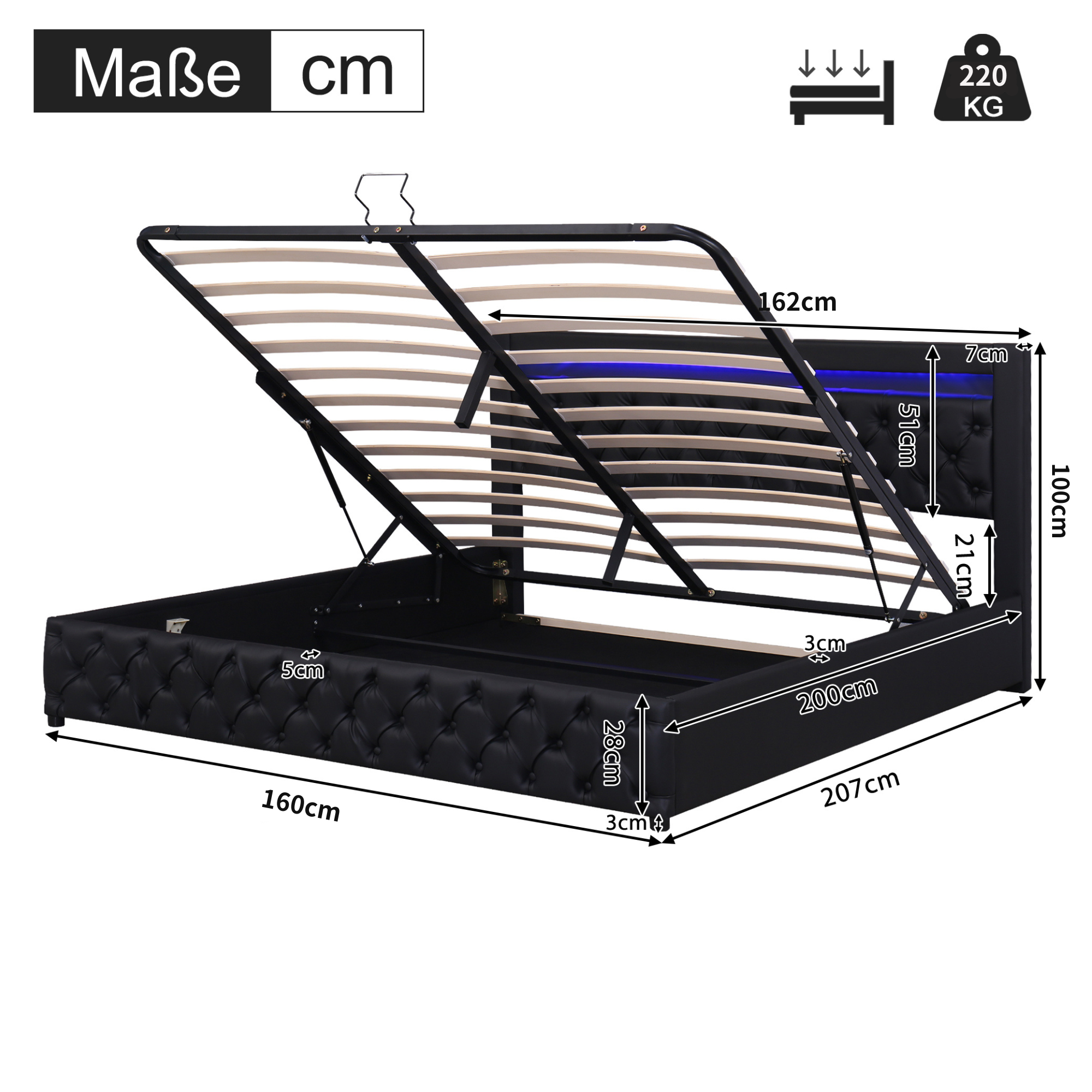 Logidon gestoffeerd bed 160x200 cm zwart kunstleer opbergruimte LED