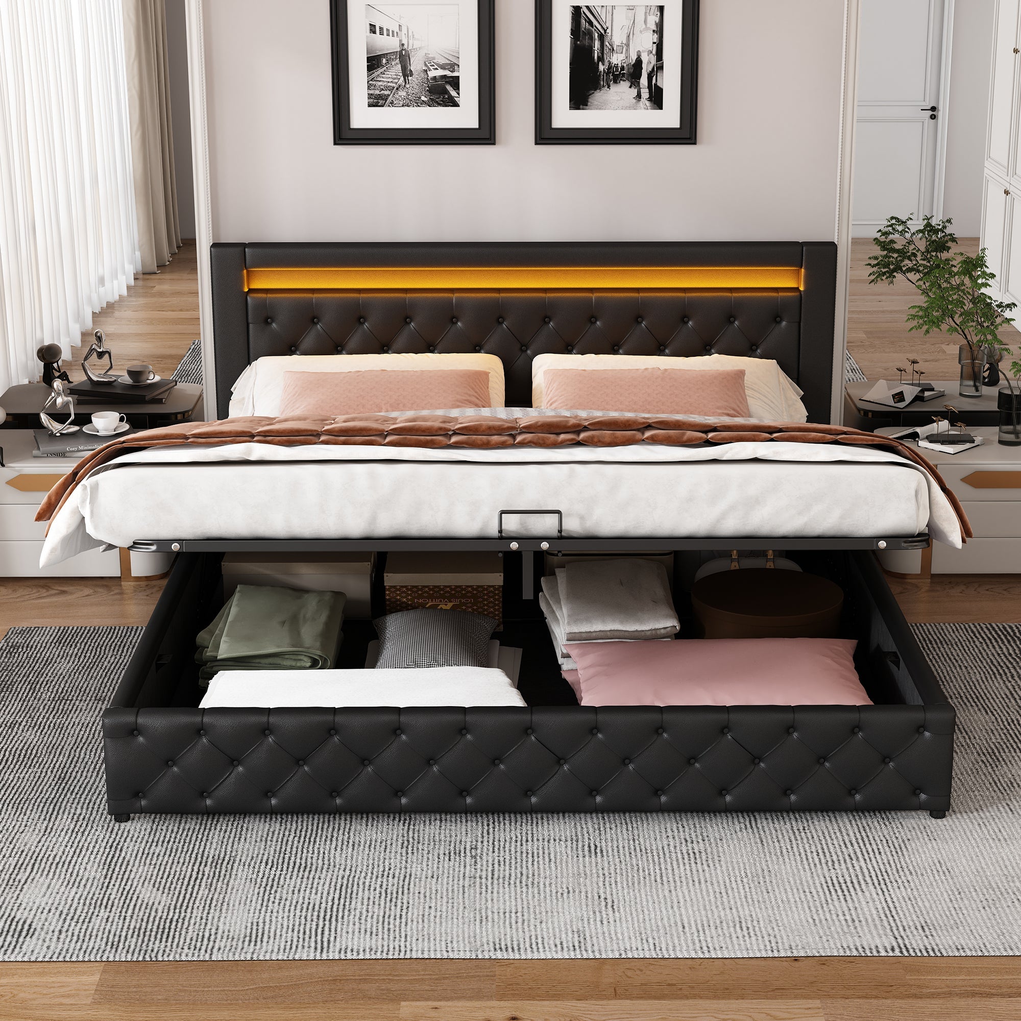 Logidon gestoffeerd bed 160x200 cm zwart kunstleer opbergruimte LED
