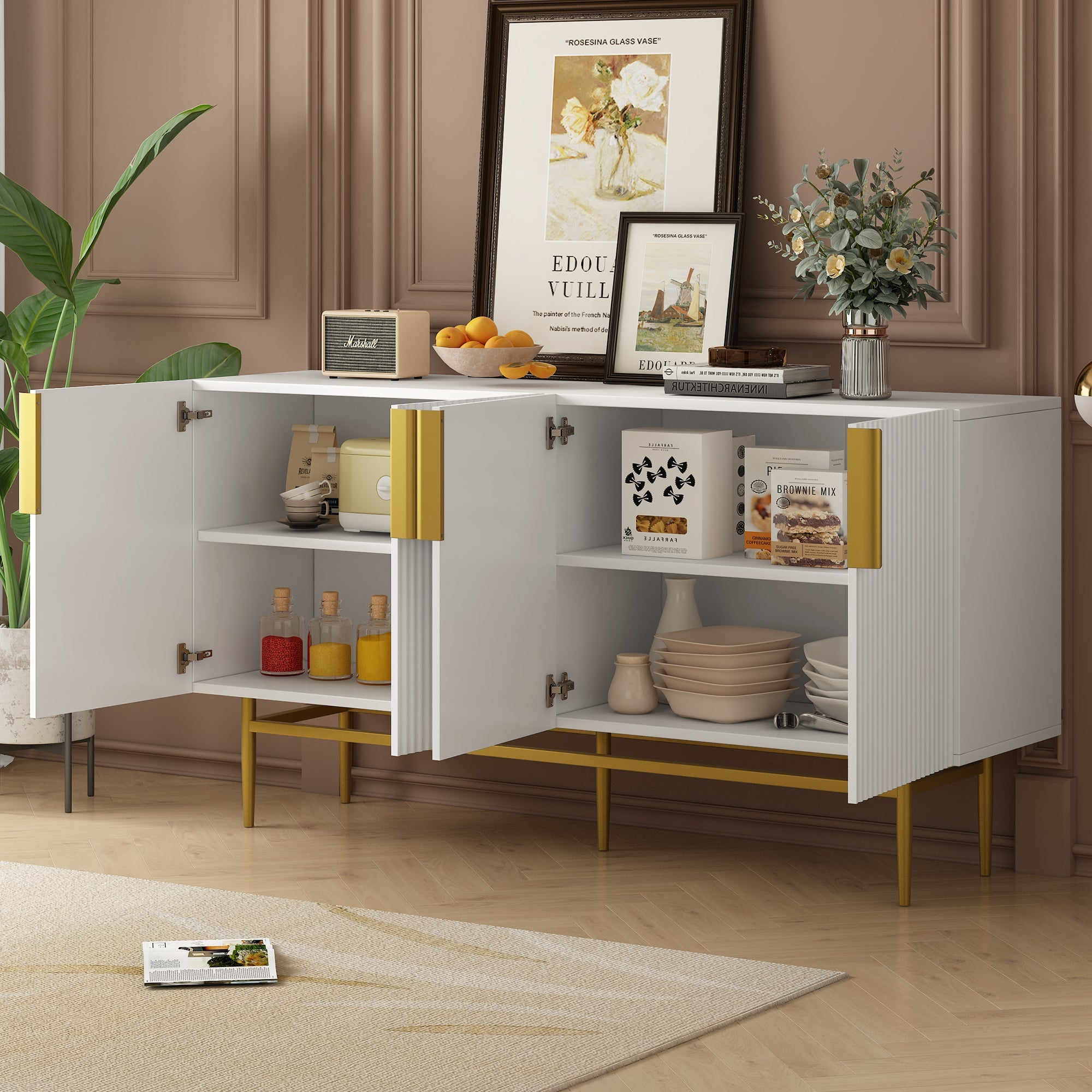 Logidon Dressoir Wit - Buffetkast met gouden handvat, 4 deuren