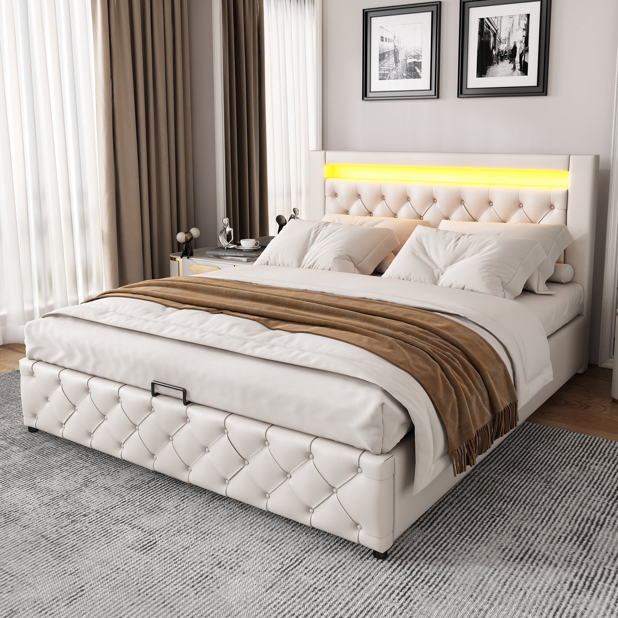 Logidon gestoffeerd bed 160x200 cm met lattenbodem opbergruimte LED wit PU