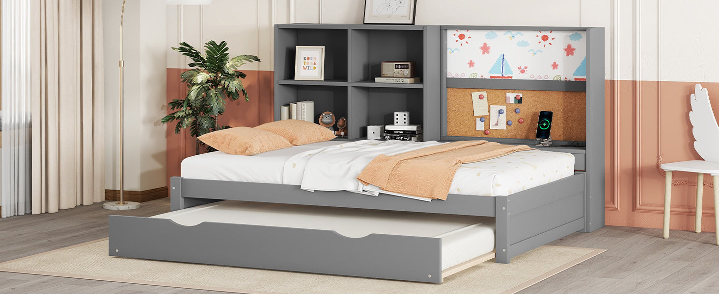 Logidon slaapbank 90x200 cm grijs met uitschuifbaar bed en USB-tekentafel