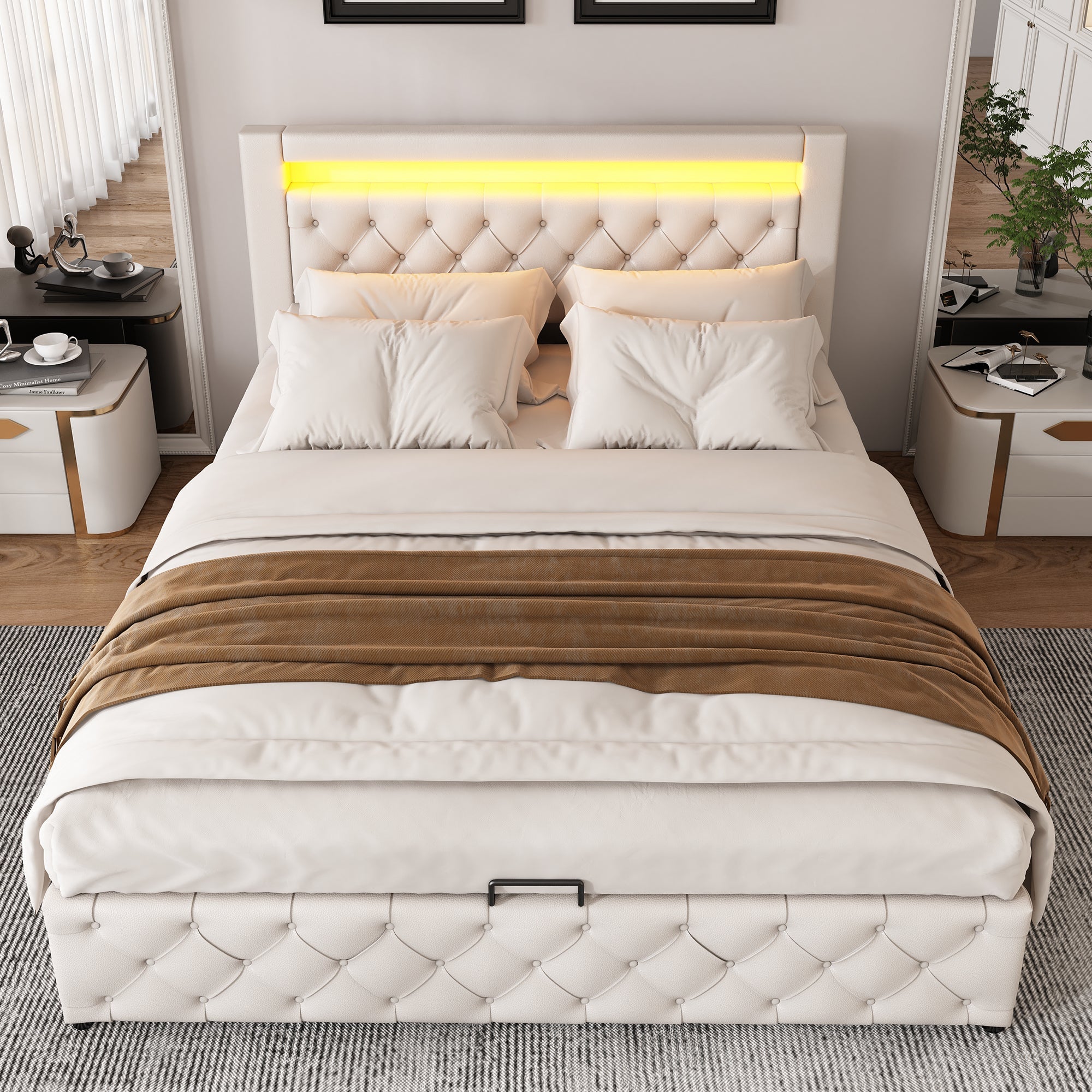 Logidon gestoffeerd bed 160x200 cm met lattenbodem opbergruimte LED wit PU