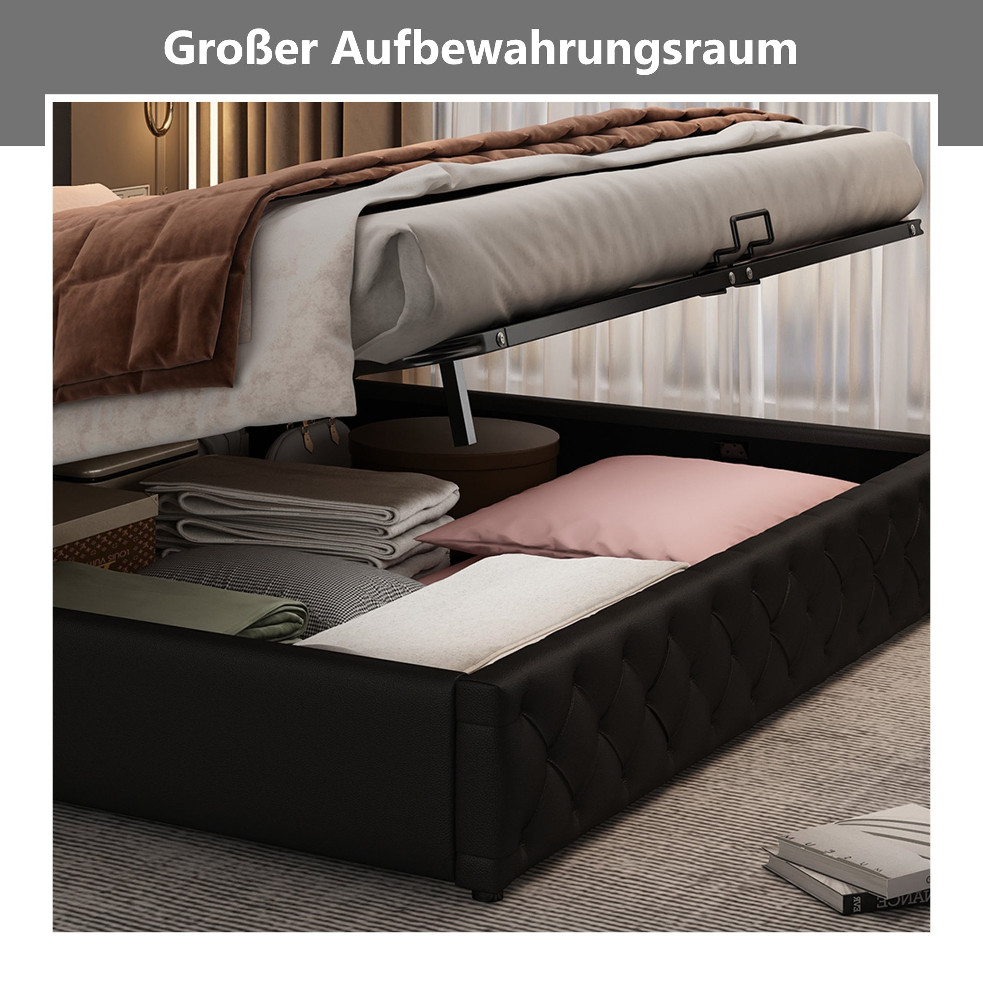 Logidon gestoffeerd bed 160x200 cm zwart kunstleer opbergruimte LED