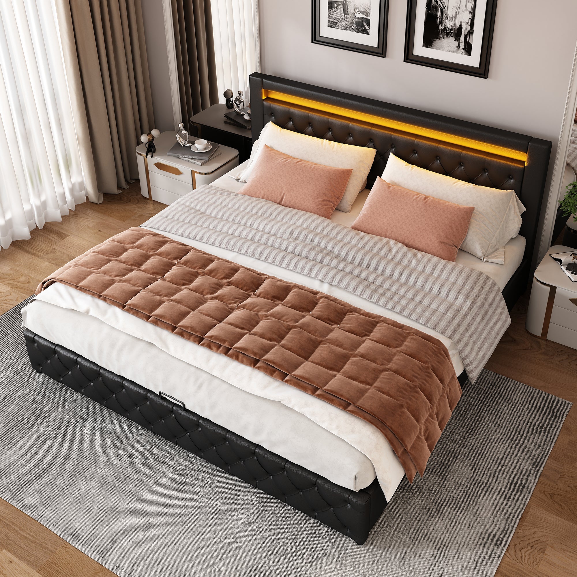 Logidon gestoffeerd bed 160x200 cm zwart kunstleer opbergruimte LED