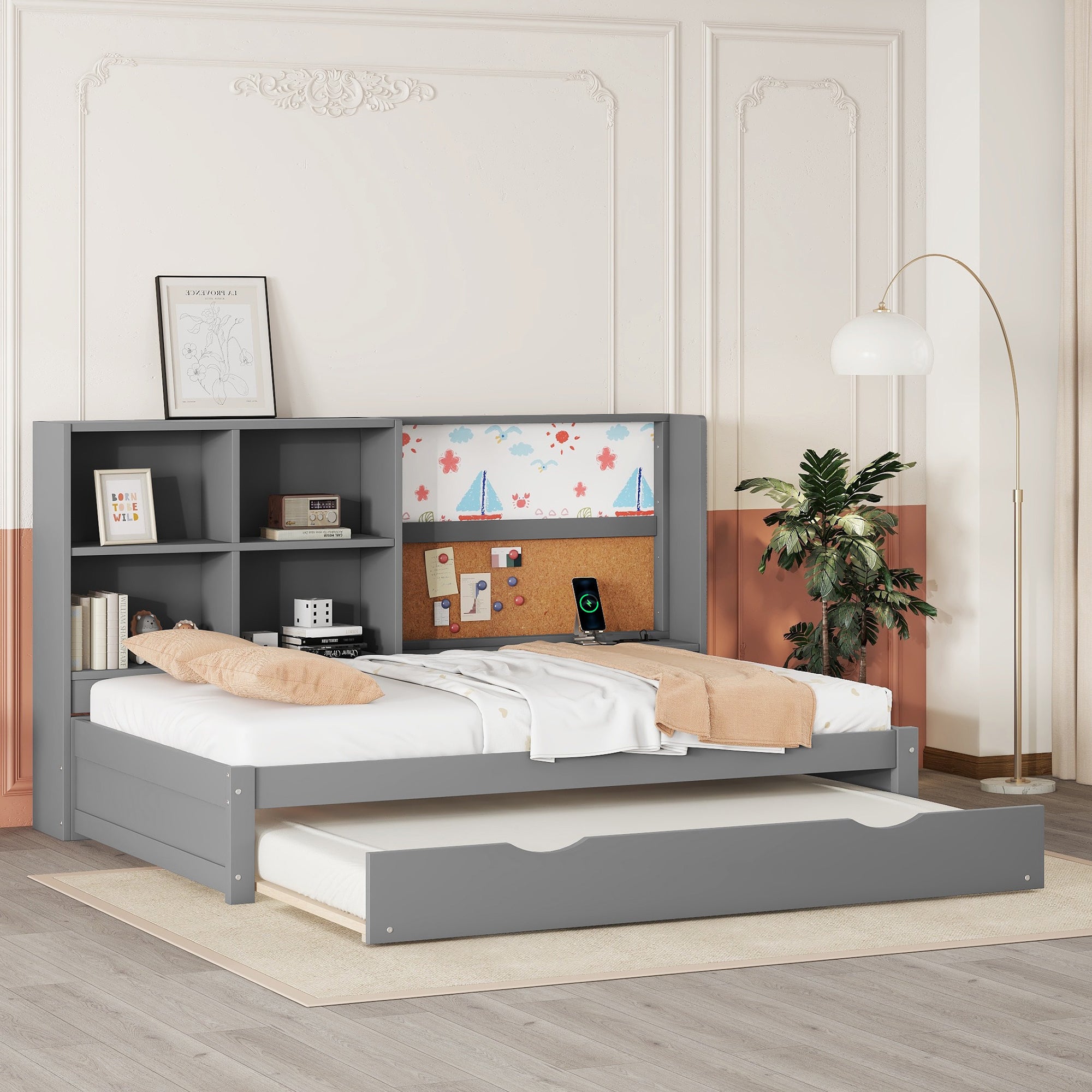 Logidon slaapbank 90x200 cm grijs met uitschuifbaar bed en USB-tekentafel