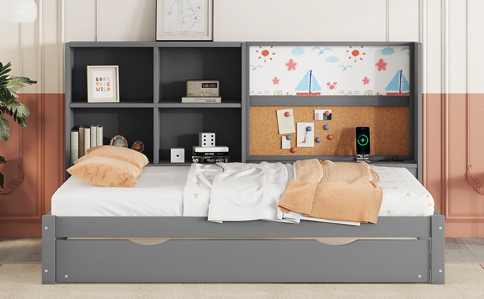 Logidon slaapbank 90x200 cm grijs met uitschuifbaar bed en USB-tekentafel