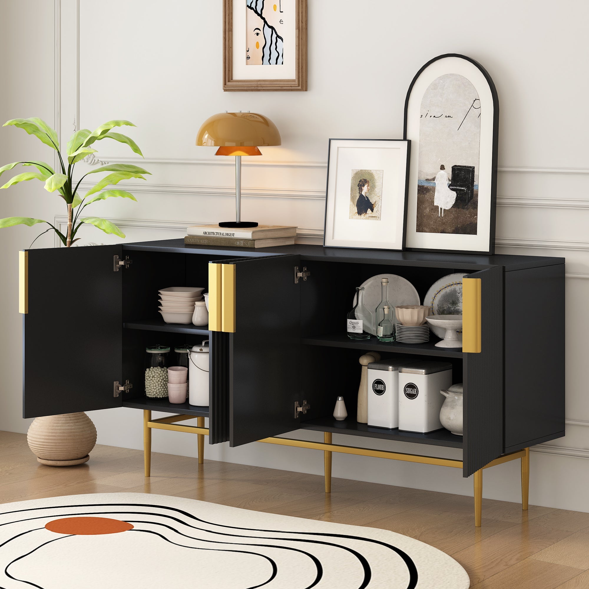 Logidon Modern Dressoir Zwart Gouden Handgrepen 152,5x40,5x80 cm