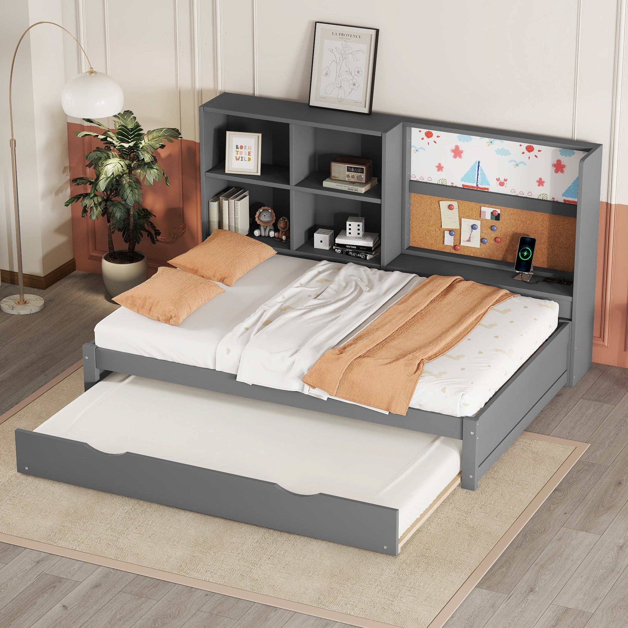 Logidon slaapbank 90x200 cm grijs met uitschuifbaar bed en USB-tekentafel