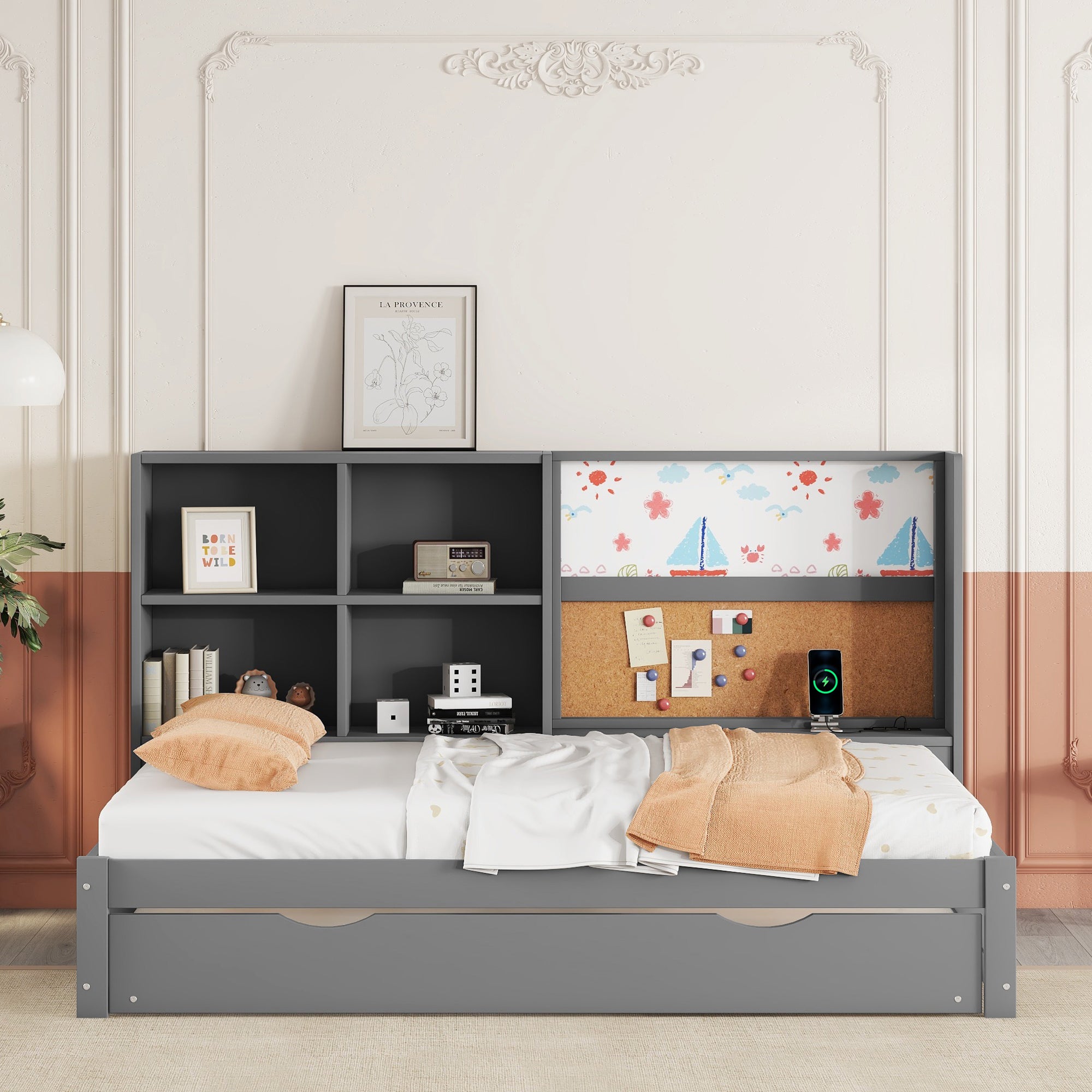 Logidon slaapbank 90x200 cm grijs met uitschuifbaar bed en USB-tekentafel