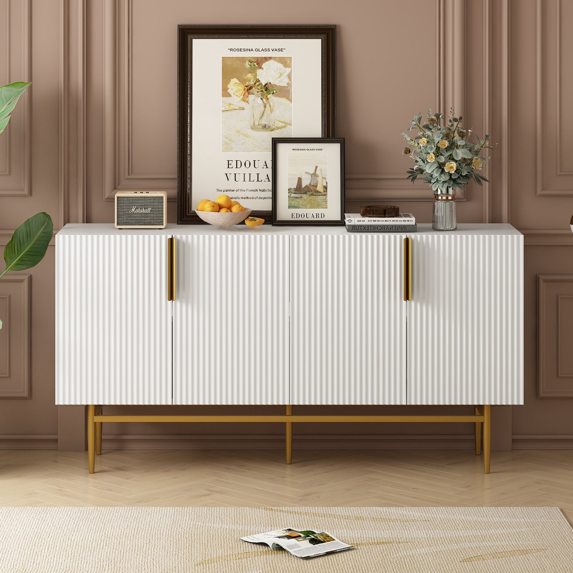 Logidon Dressoir Wit - Buffetkast met gouden handvat, 4 deuren