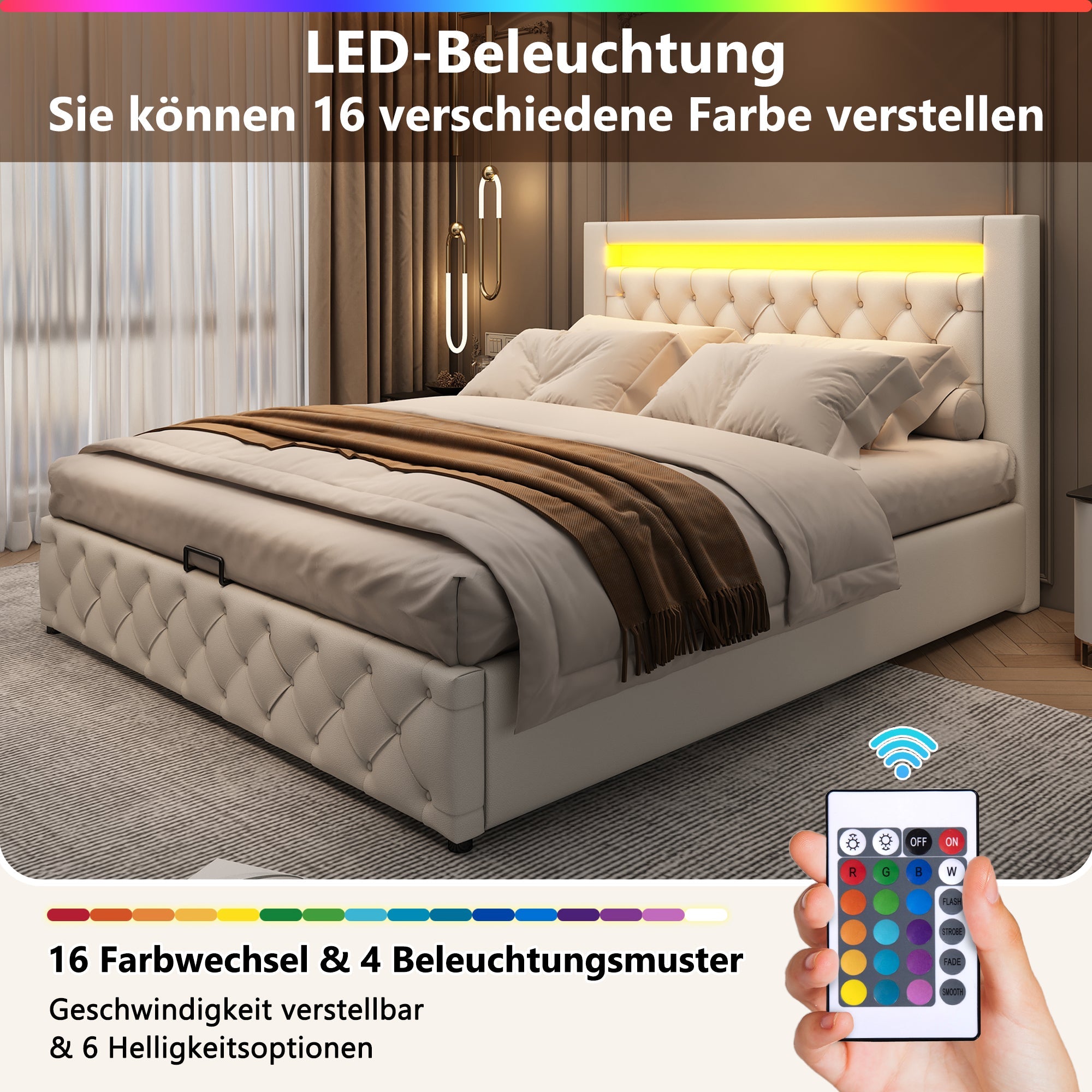 Logidon gestoffeerd bed 160x200 cm met lattenbodem opbergruimte LED wit PU