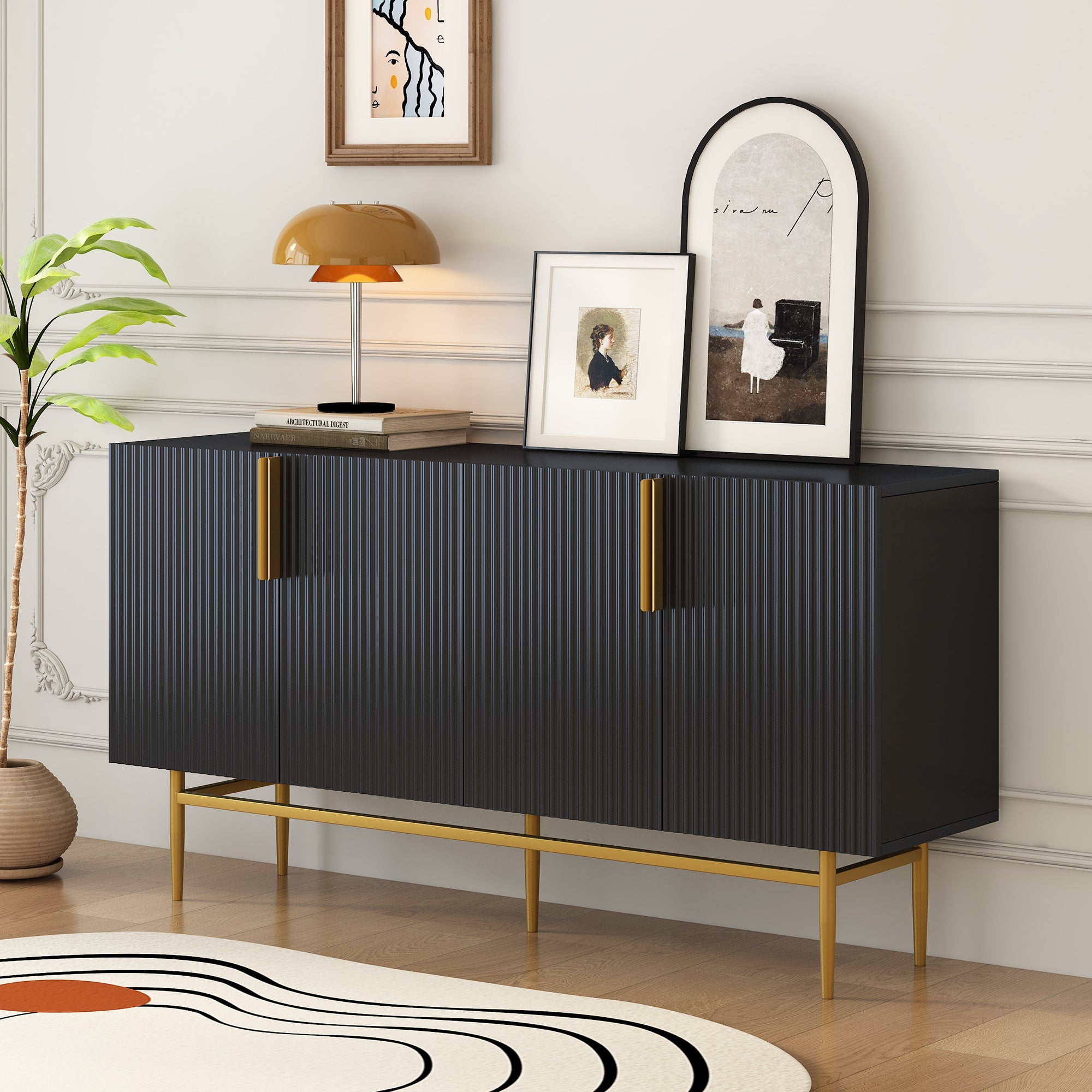 Logidon Modern Dressoir Zwart Gouden Handgrepen 152,5x40,5x80 cm