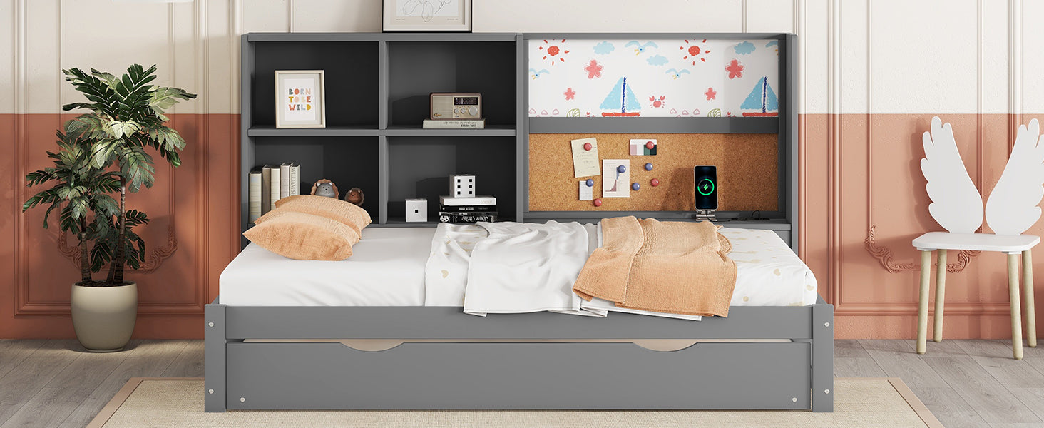 Logidon slaapbank 90x200 cm grijs met uitschuifbaar bed en USB-tekentafel