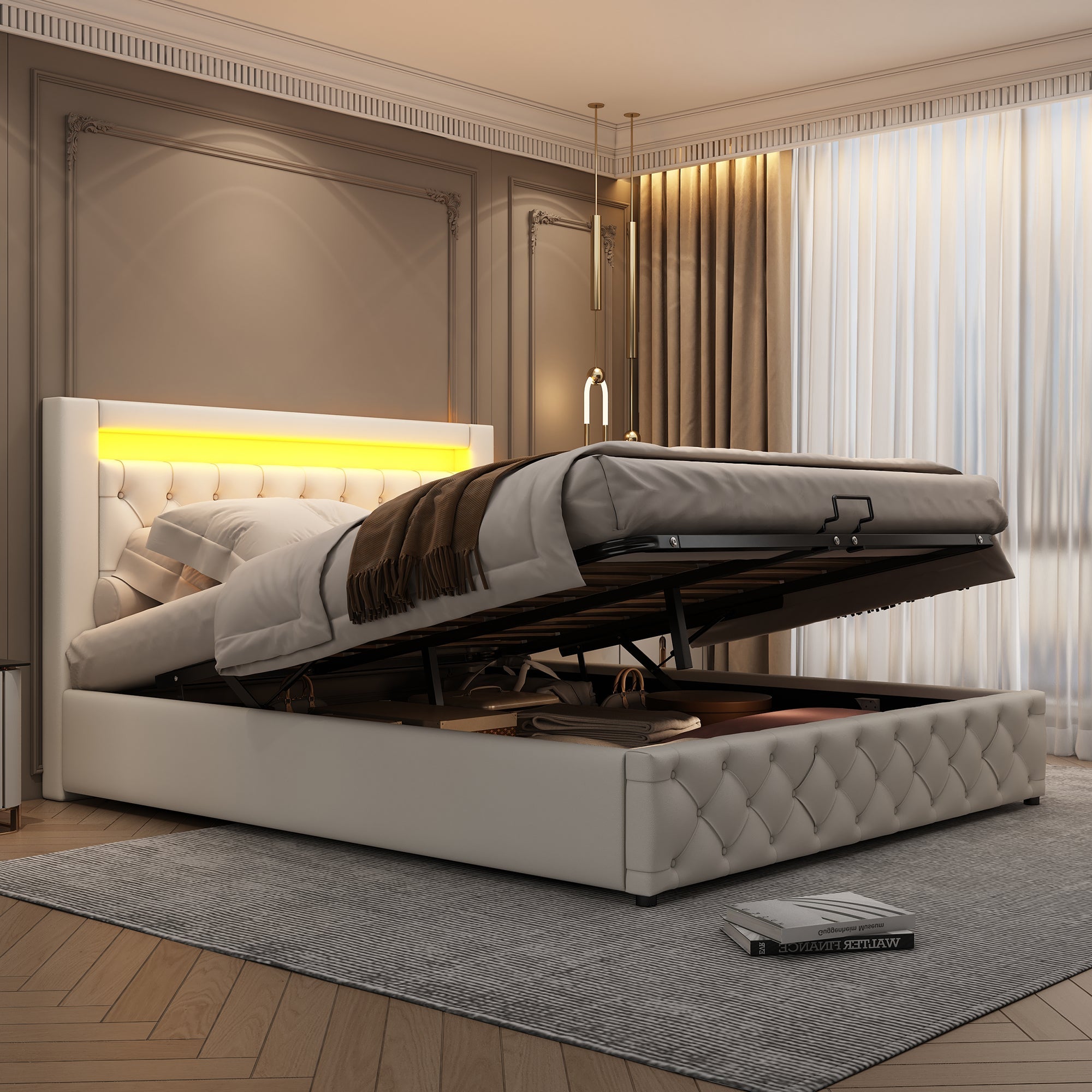 Logidon gestoffeerd bed 160x200 cm met lattenbodem opbergruimte LED wit PU