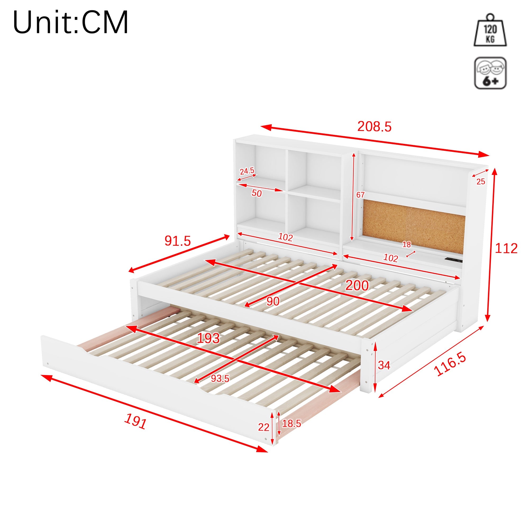 Logidon slaapbank 90x200 met uitschuifbaar bed USB-oplaadpoort wit