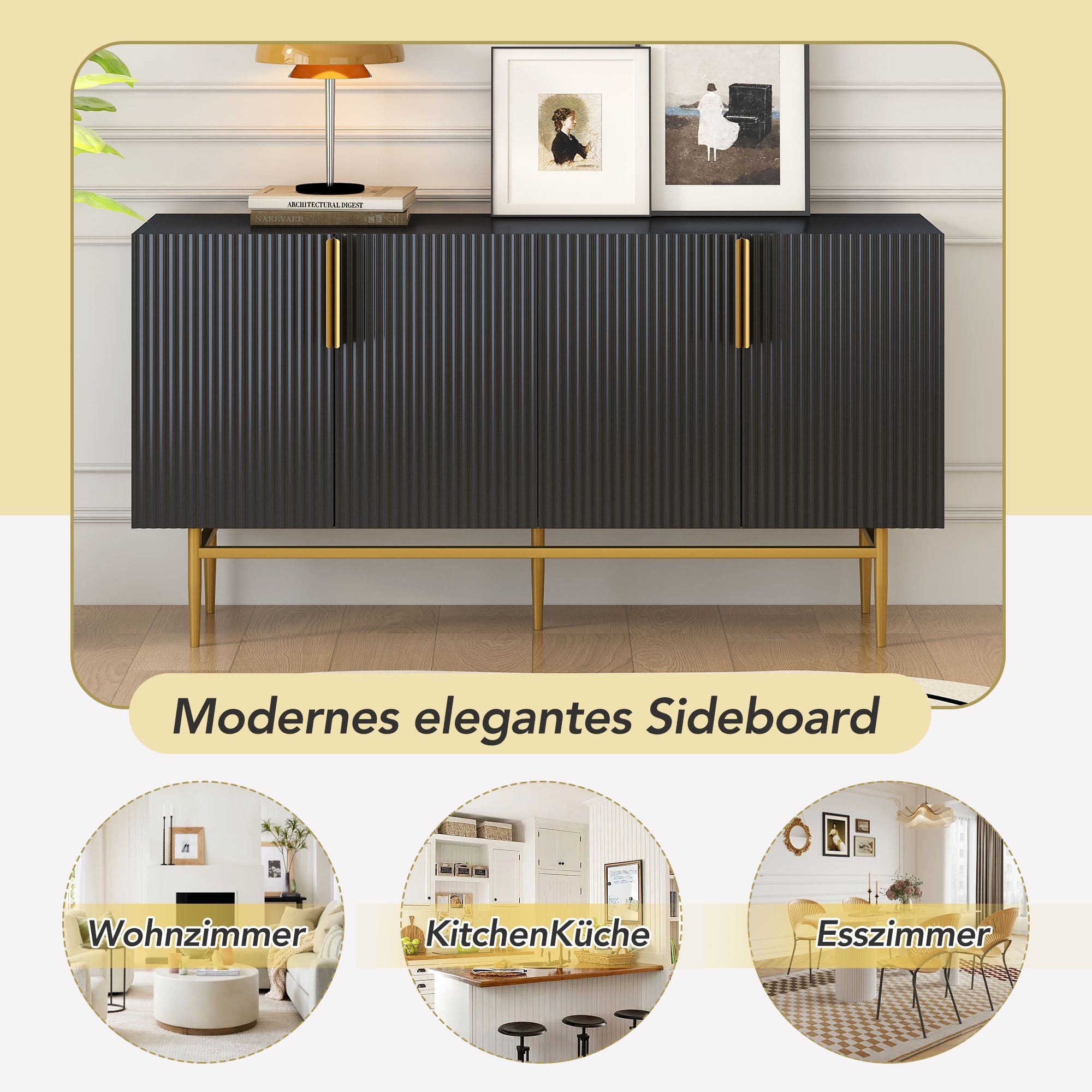 Logidon Modern Dressoir Zwart Gouden Handgrepen 152,5x40,5x80 cm