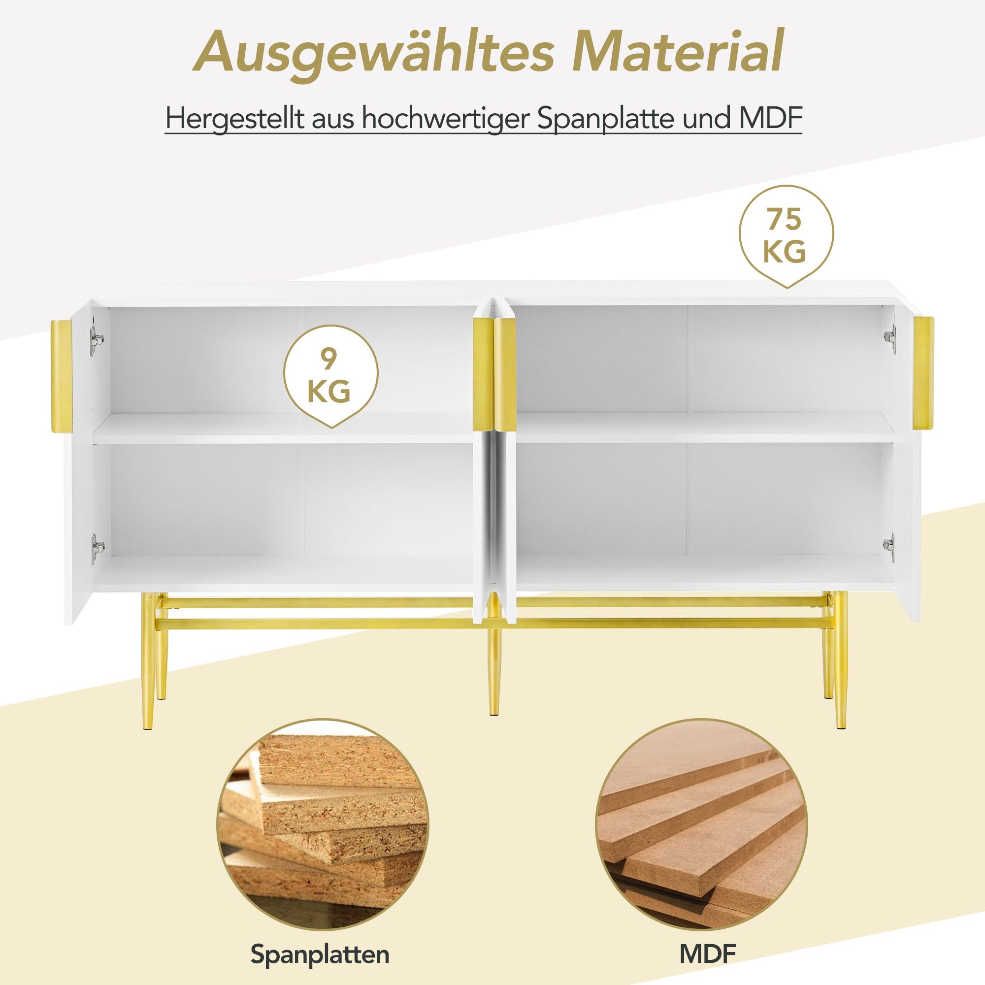Logidon Dressoir Wit - Buffetkast met gouden handvat, 4 deuren