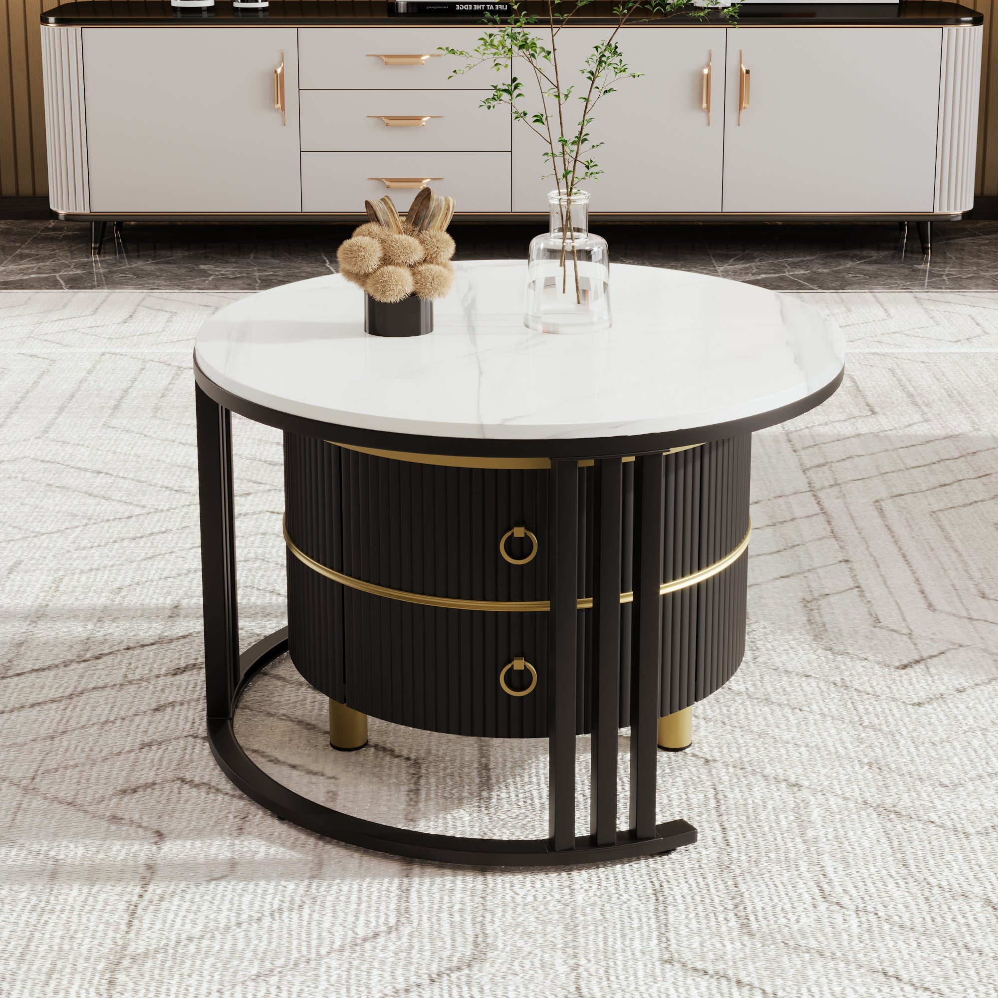 Logidon 2-in-1 ronde MDF salontafel zwart met glanzend marmerpatroon